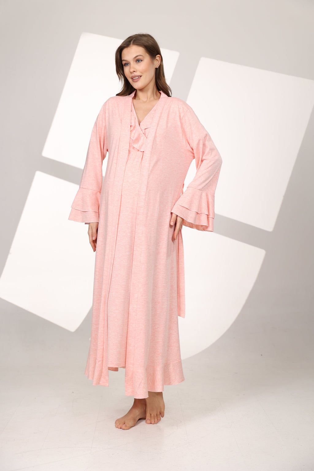 Pembe Melanj Yumuşak Dokulu Kruvaze Sabahlıklı Lohusa Gecelik Takımı 591