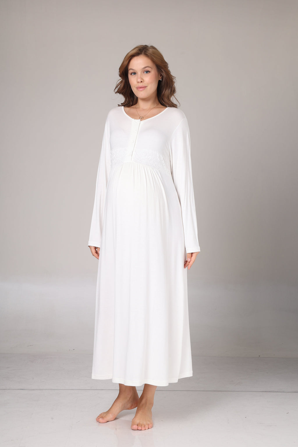 Kışlık Bej Krepon Dokulu Sabahlıklı Lohusa Gecelik Takımı -1018