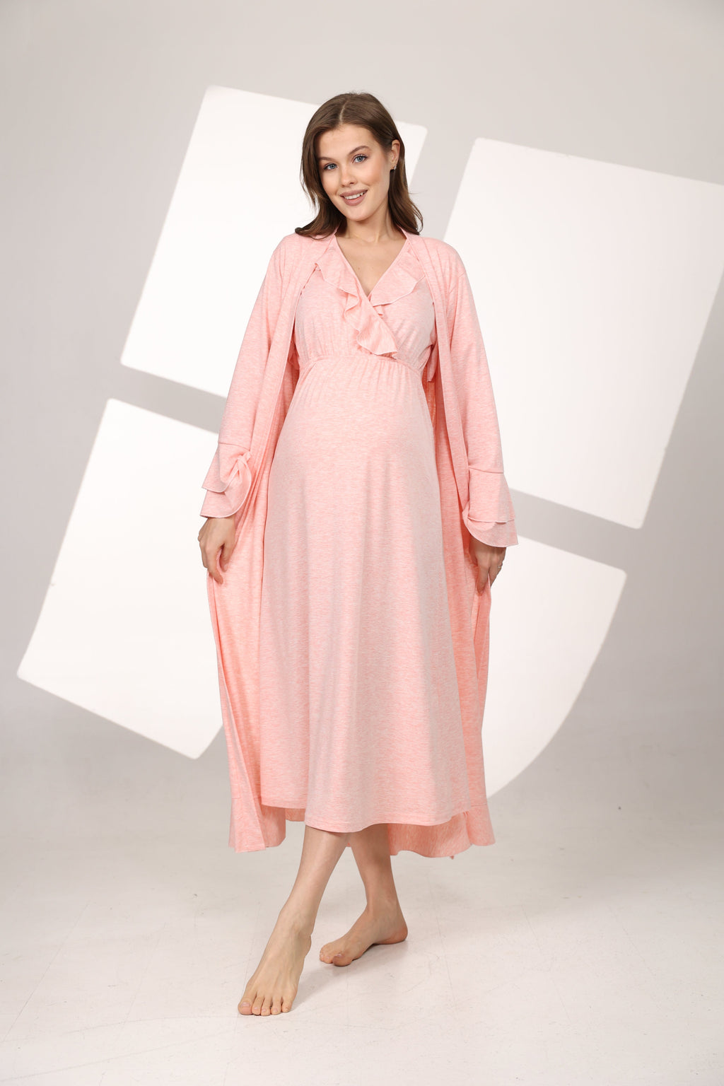 Pembe Melanj Yumuşak Dokulu Kruvaze Sabahlıklı Lohusa Gecelik Takımı 591