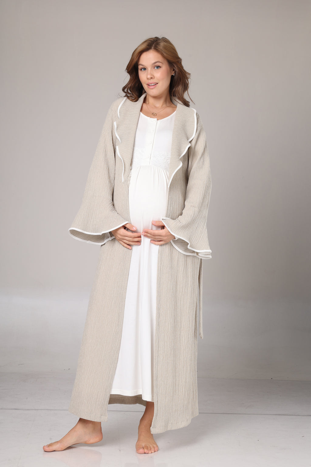 Bej Kışlık Krep Sabahlıklı Elite Gecelik Takımı-1018