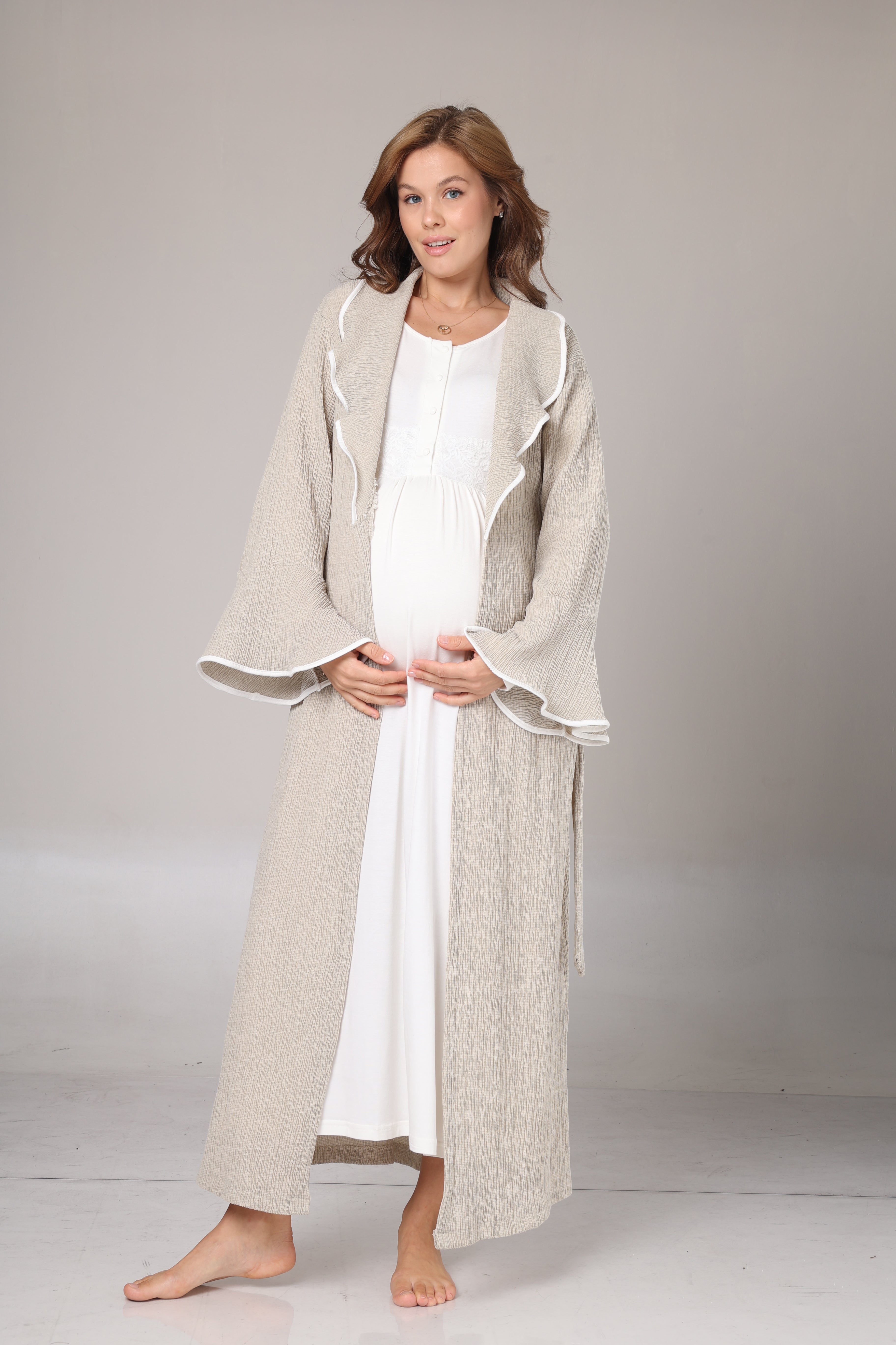 Bej Kışlık Krep Sabahlıklı Elite Gecelik Takımı-1018