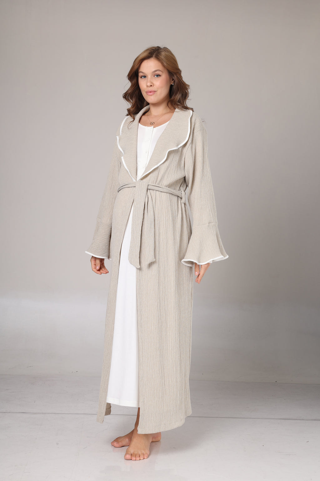 Bej Kışlık Krep Sabahlıklı Elite Gecelik Takımı-1018