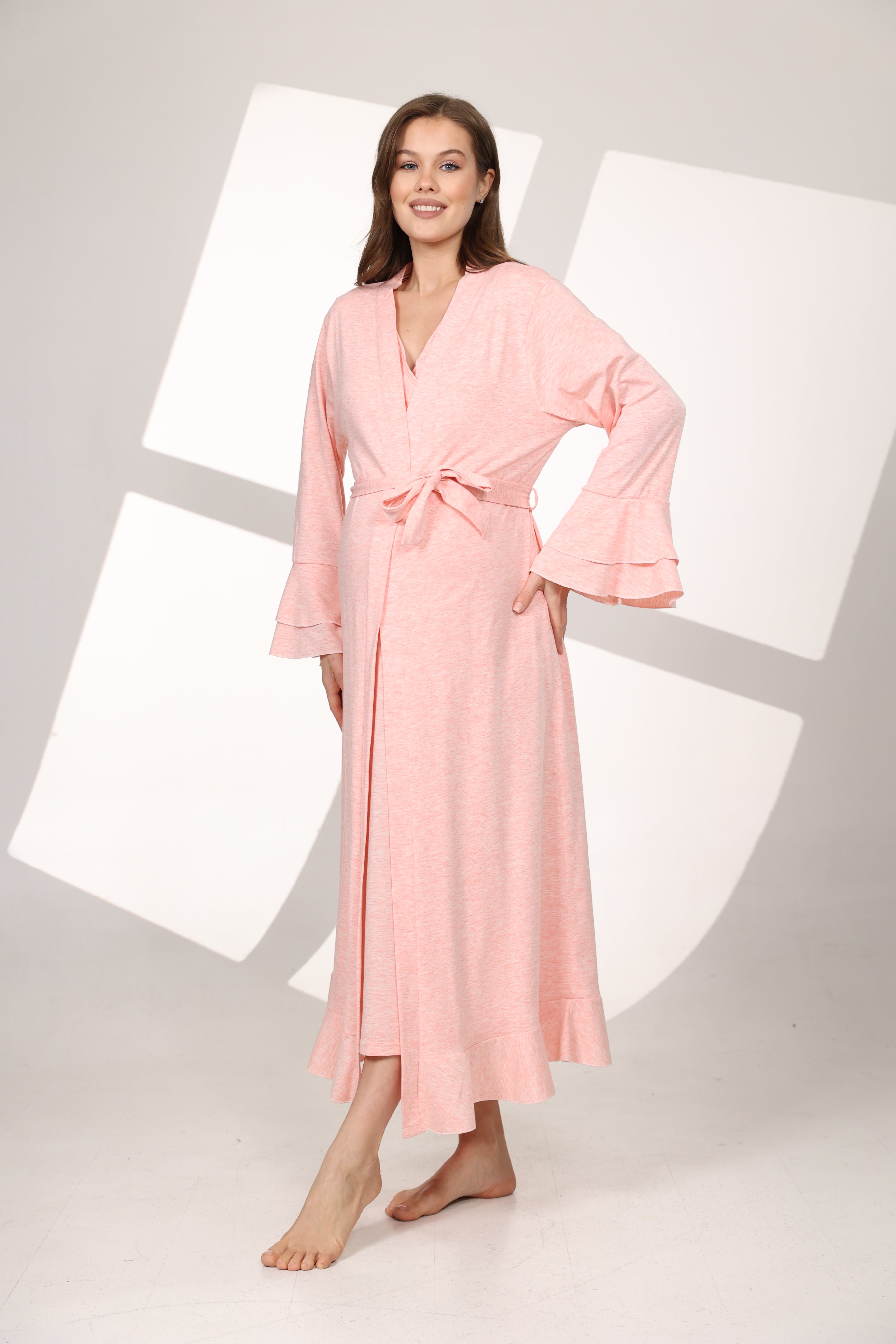 Pembe Melanj Yumuşak Dokulu Kruvaze Sabahlıklı Lohusa Gecelik Takımı 591