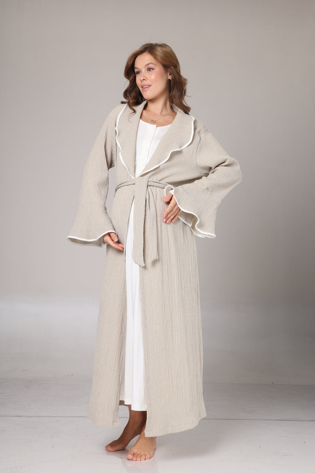 Bej Kışlık Krep Sabahlıklı Elite Gecelik Takımı-1018