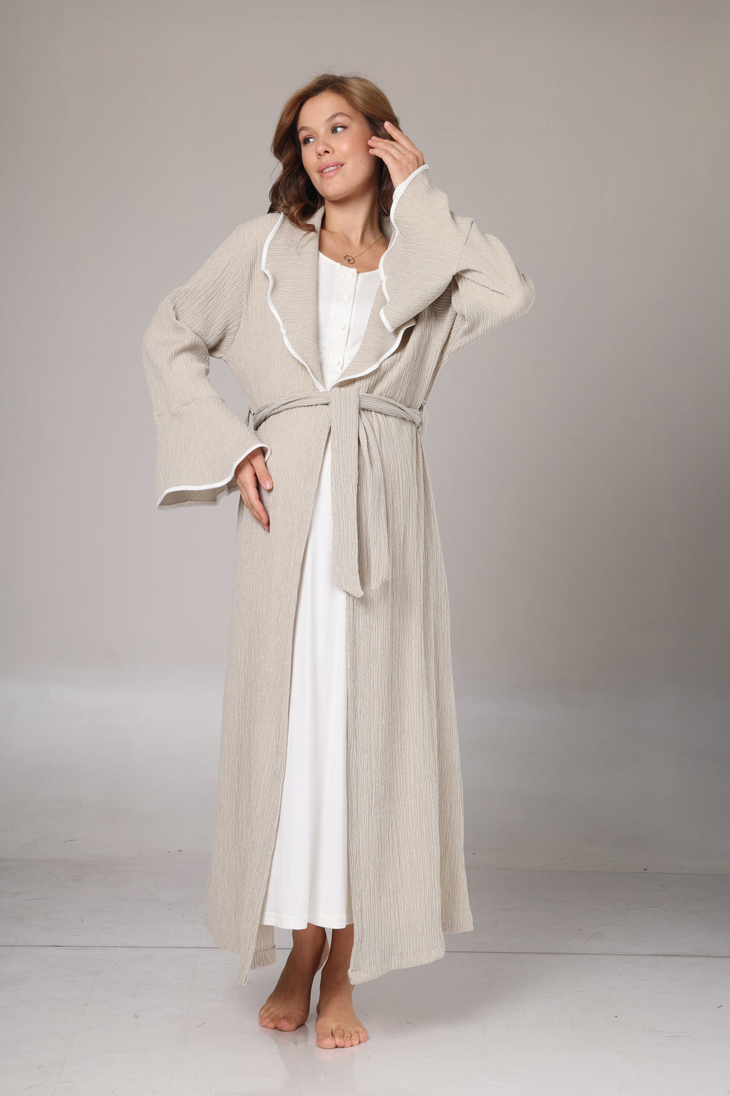 Bej Kışlık Krep Sabahlıklı Elite Gecelik Takımı-1018