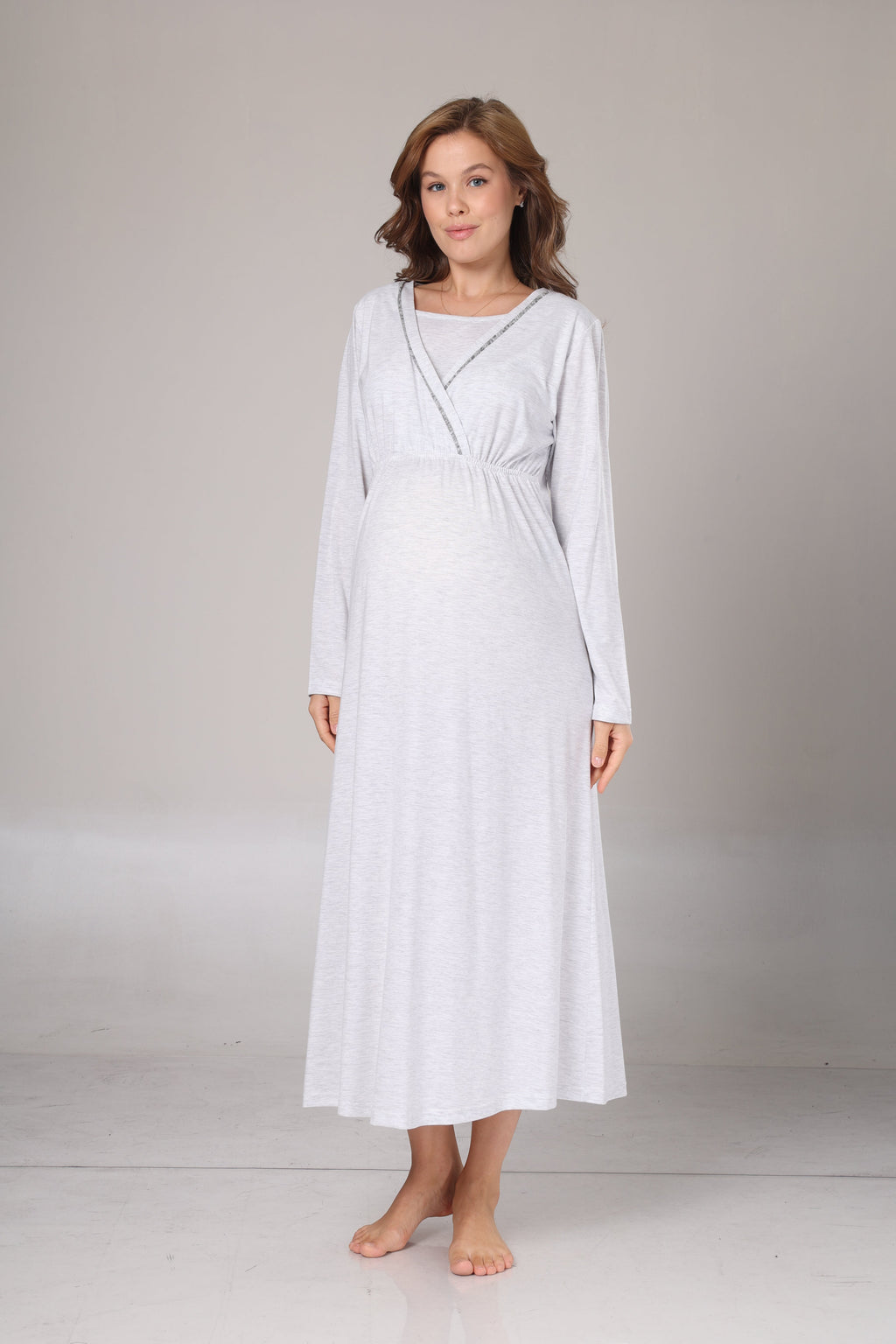 Kışlık Gri Polar Sabahlıklı Lohusa Gecelik Takımı -1007