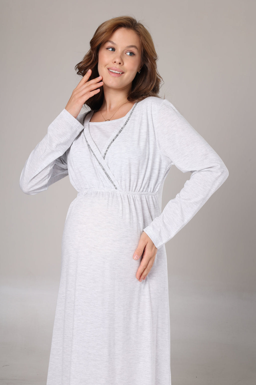 Kışlık Gri Polar Sabahlıklı Lohusa Gecelik Takımı -1007