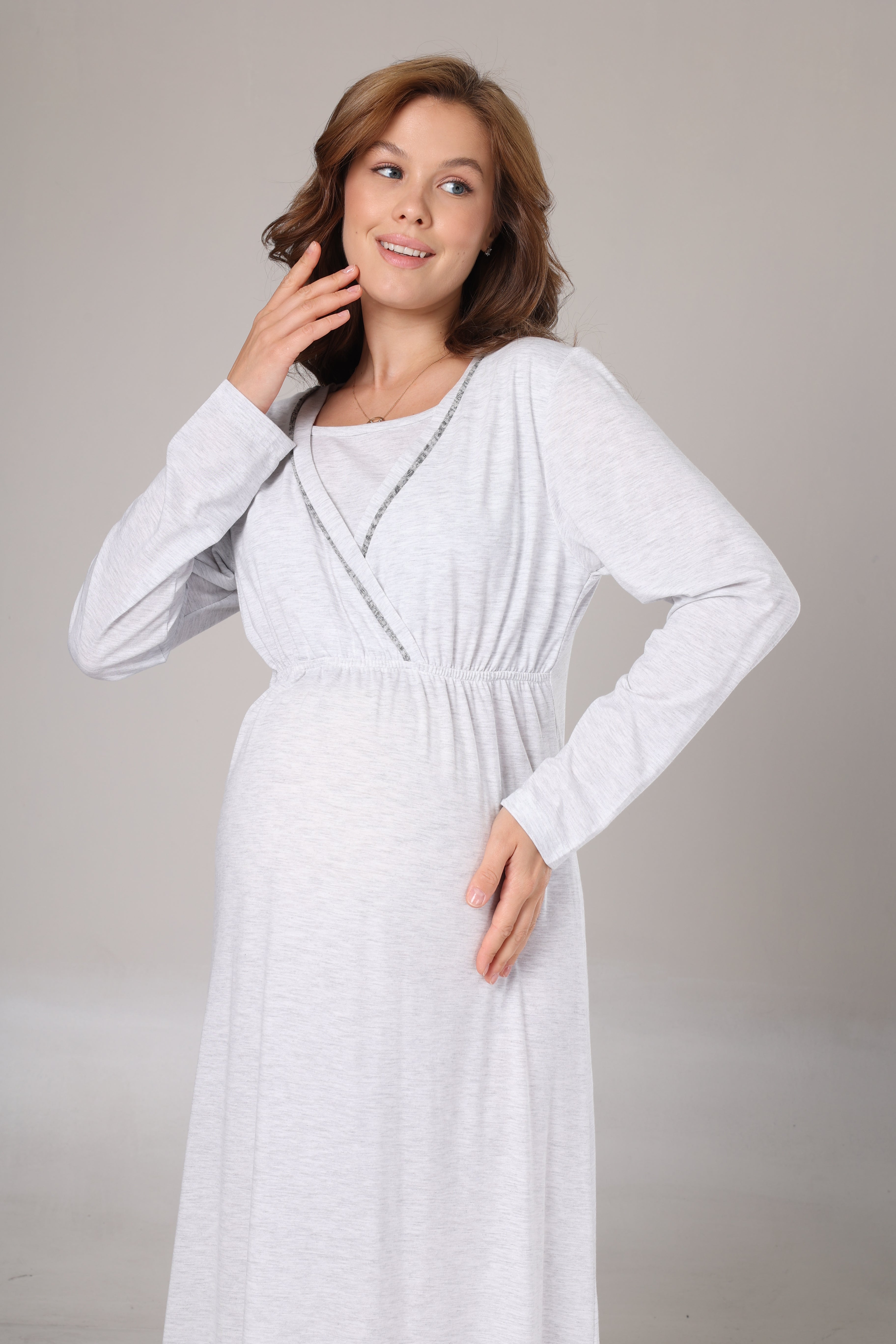 Kışlık Gri Polar Sabahlıklı Lohusa Gecelik Takımı -1007