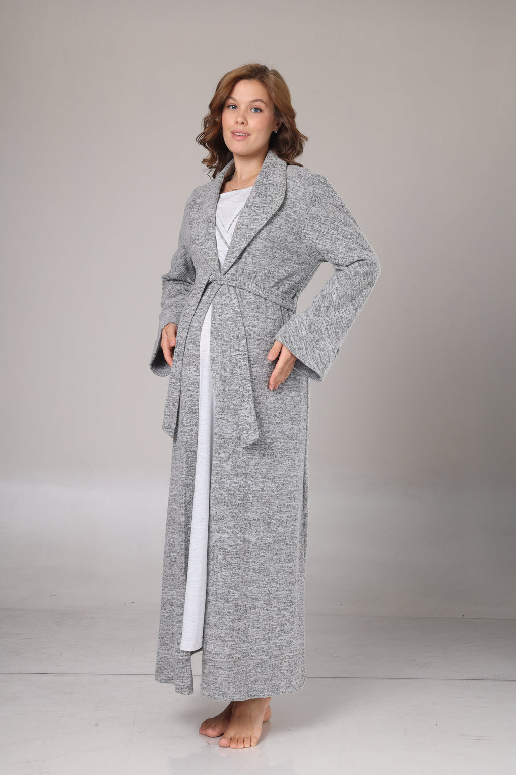 Kışlık Gri Polar Sabahlıklı Lohusa Gecelik Takımı -1007