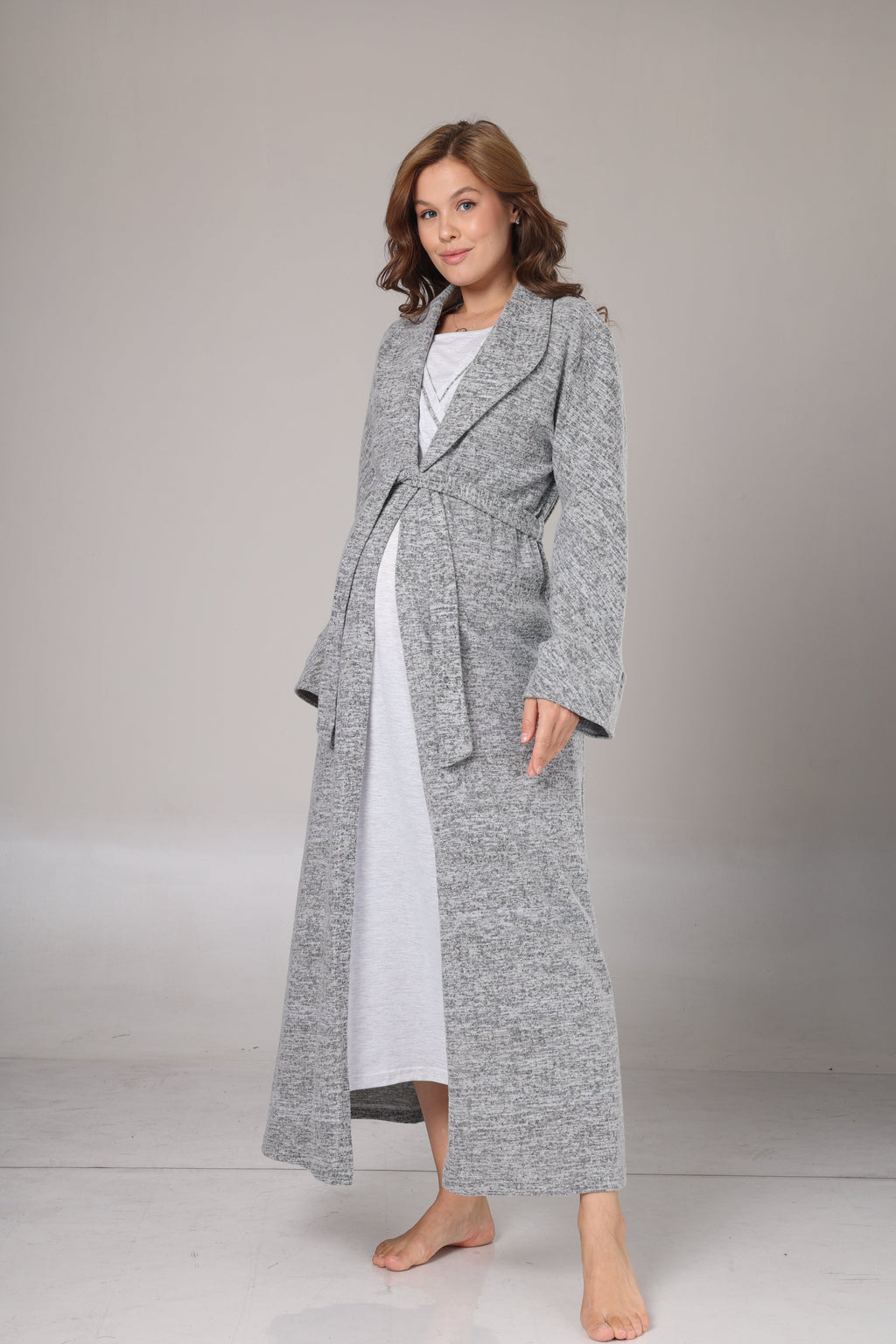 Kışlık Gri Polar Sabahlıklı Lohusa Gecelik Takımı -1007