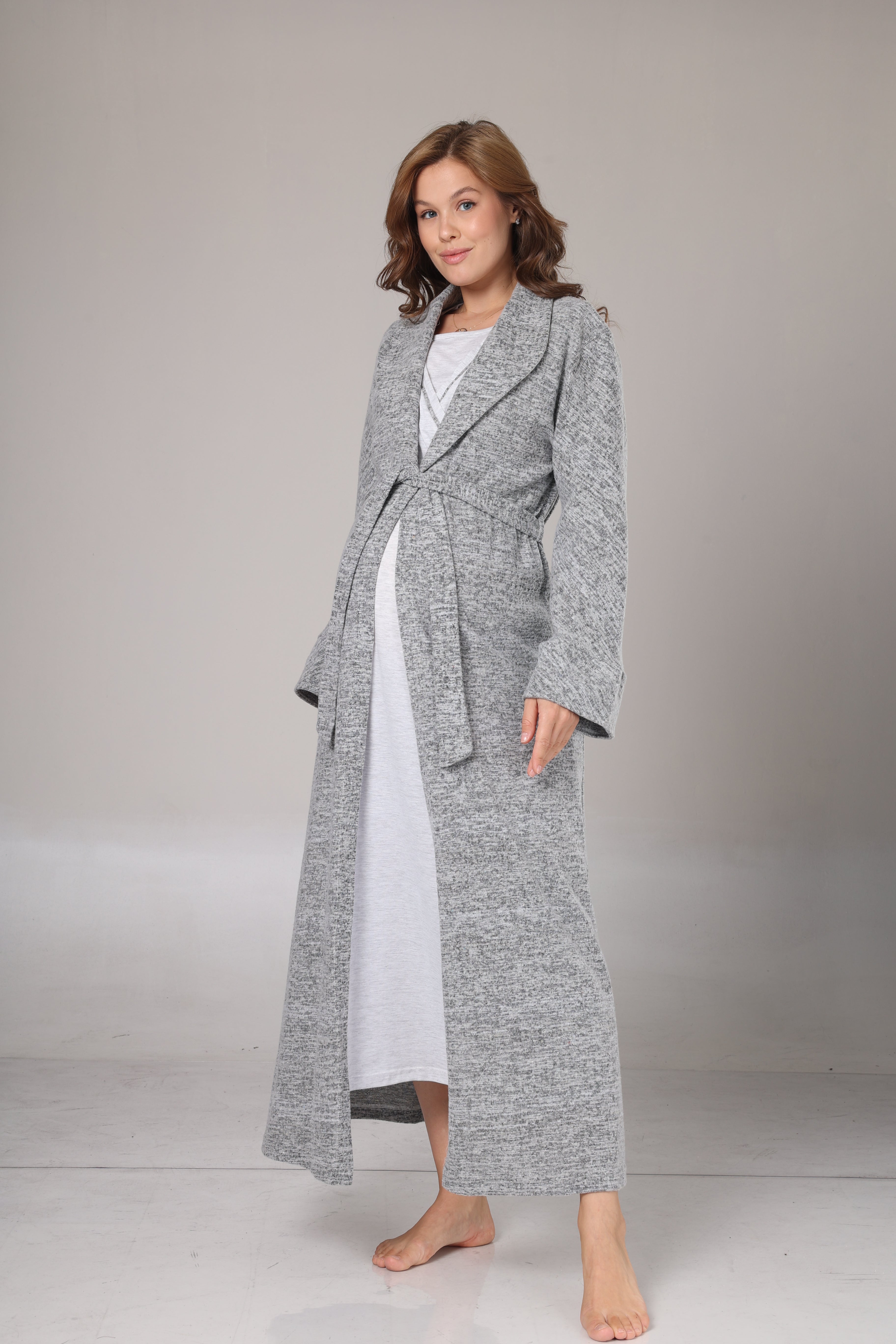 Kışlık Gri Polar Sabahlıklı Lohusa Gecelik Takımı -1007