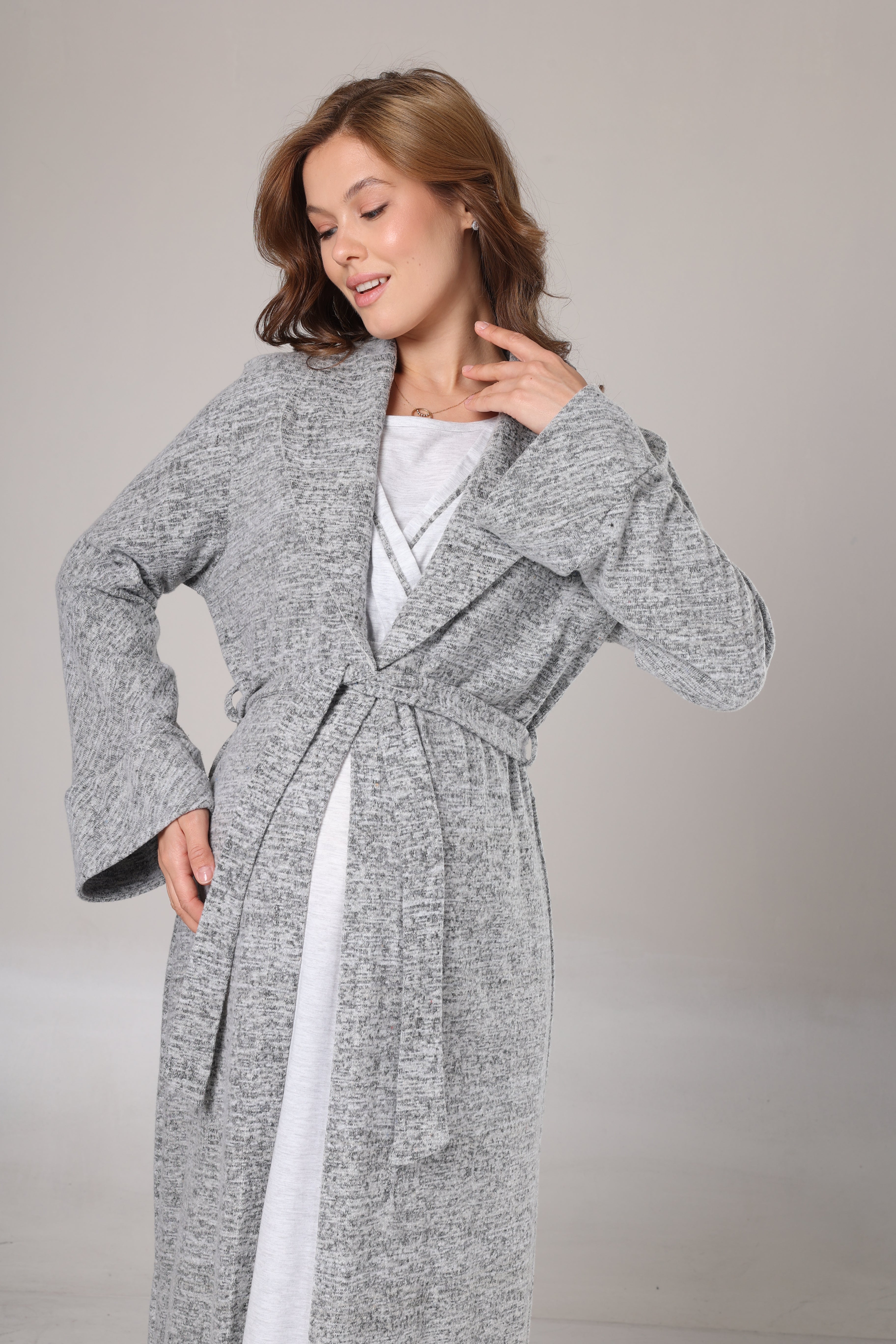 Kışlık Gri Polar Sabahlıklı Lohusa Gecelik Takımı -1007
