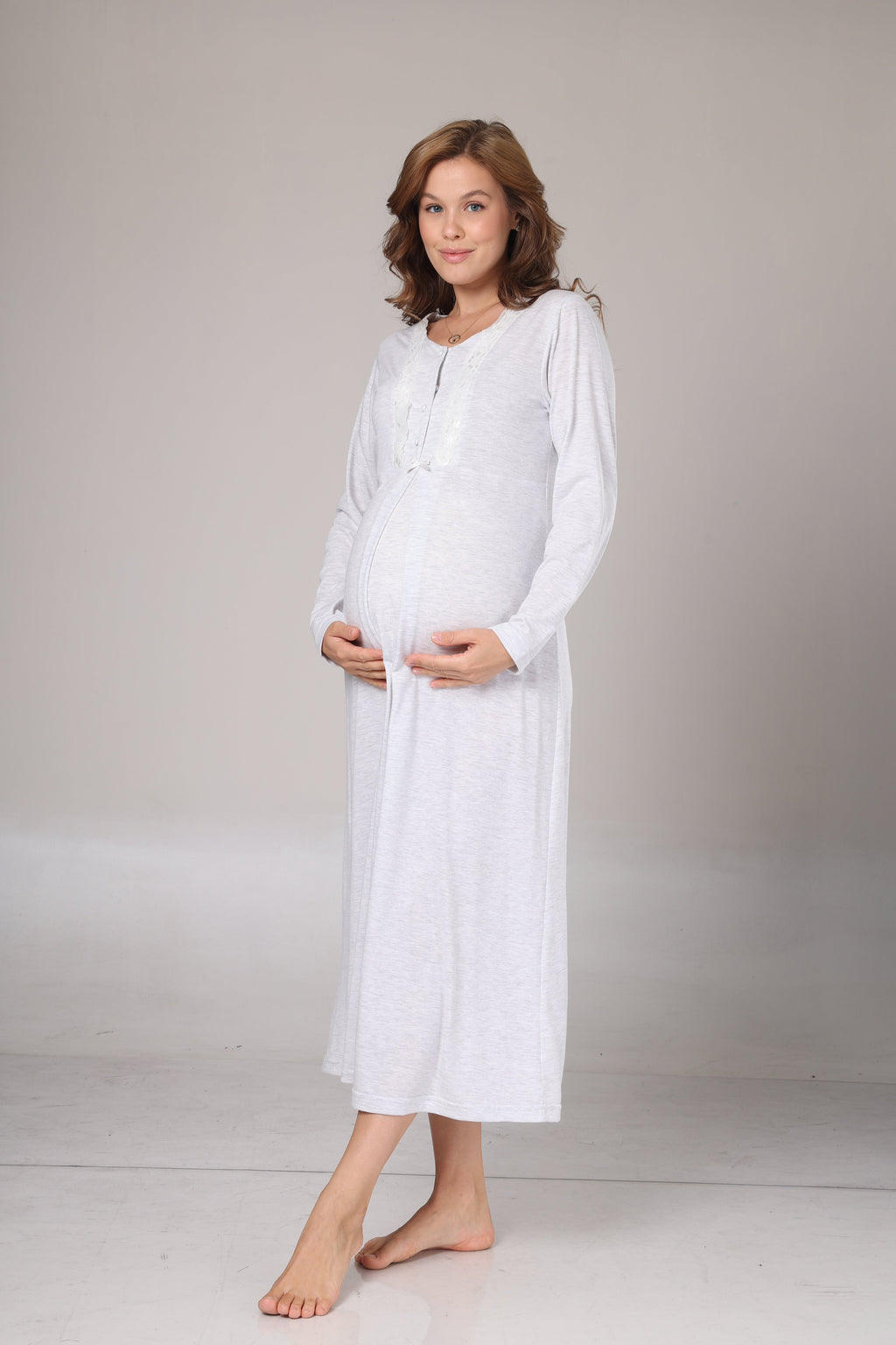 Gri Melanj Kışlık Sabahlıklı Lohusa Gecelik Takımı -1021