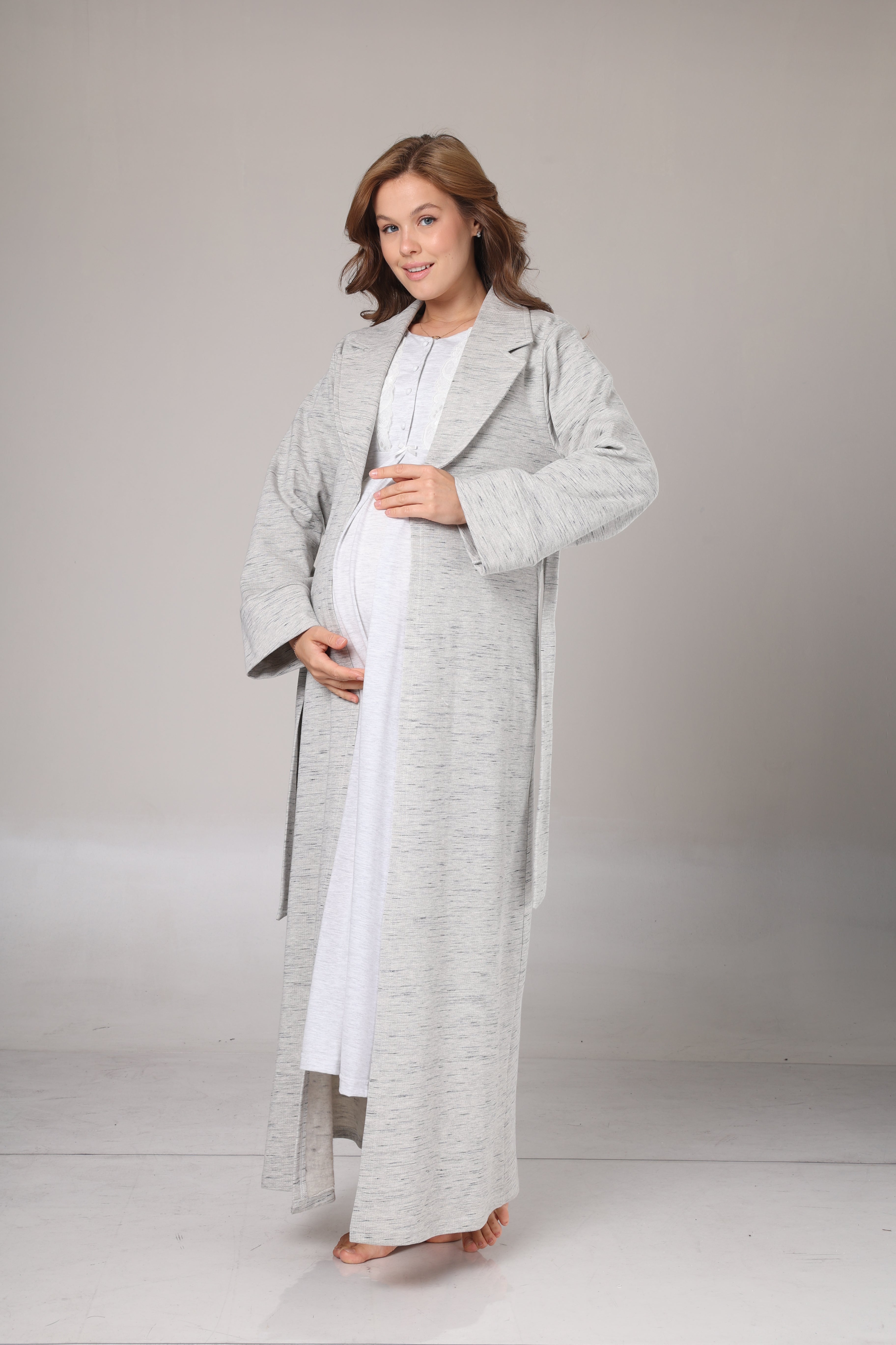 Gri Melanj Kışlık Sabahlıklı Lohusa Gecelik Takımı -1021
