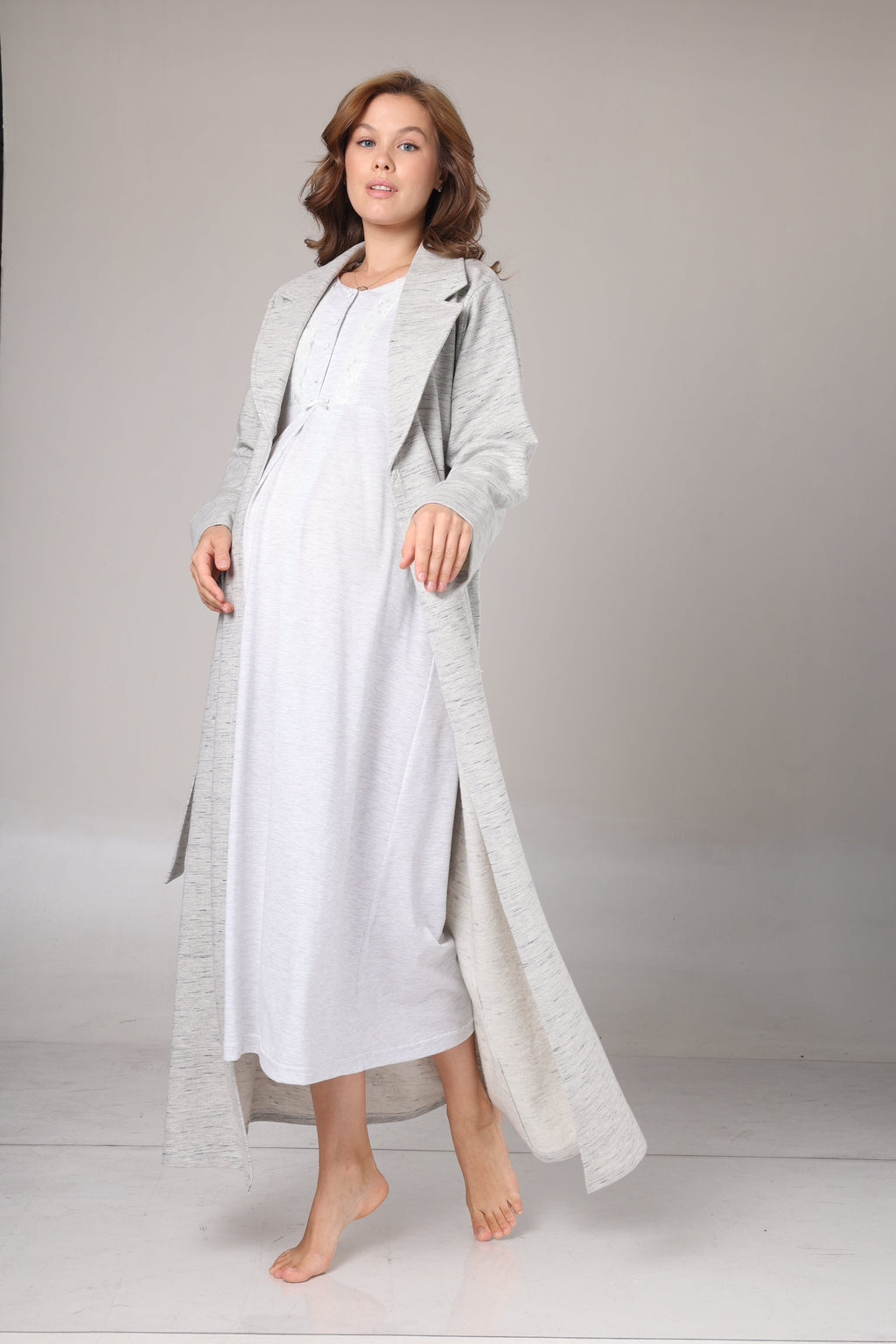 Gri Melanj Kışlık Sabahlıklı Lohusa Gecelik Takımı -1021