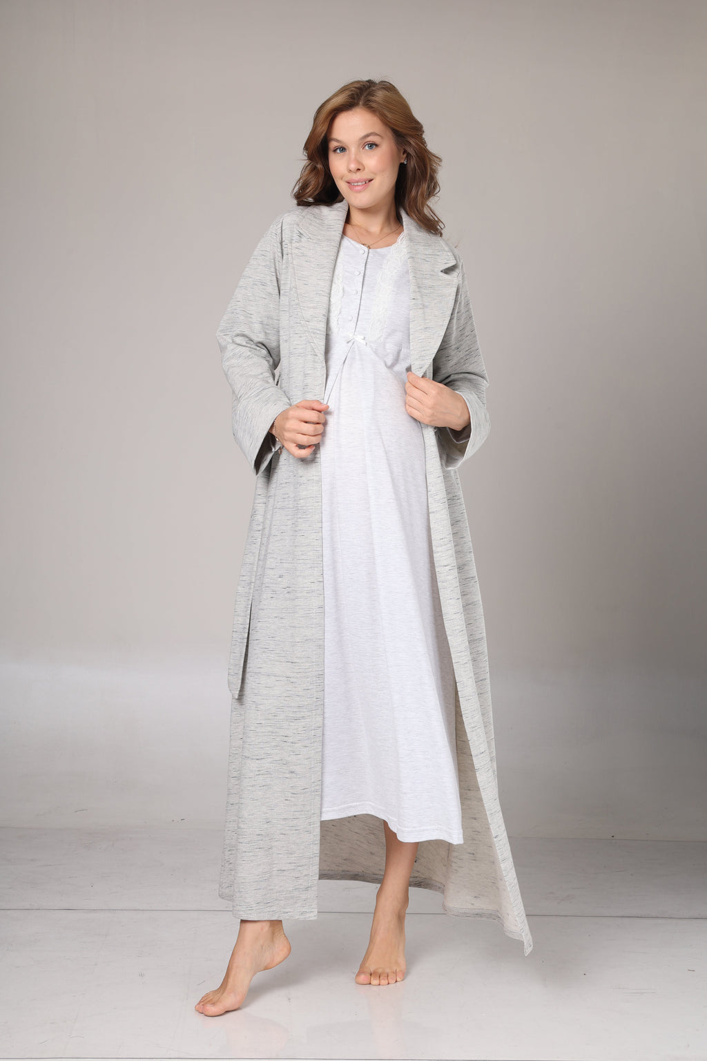 Gri Melanj Kışlık Sabahlıklı Lohusa Gecelik Takımı -1021