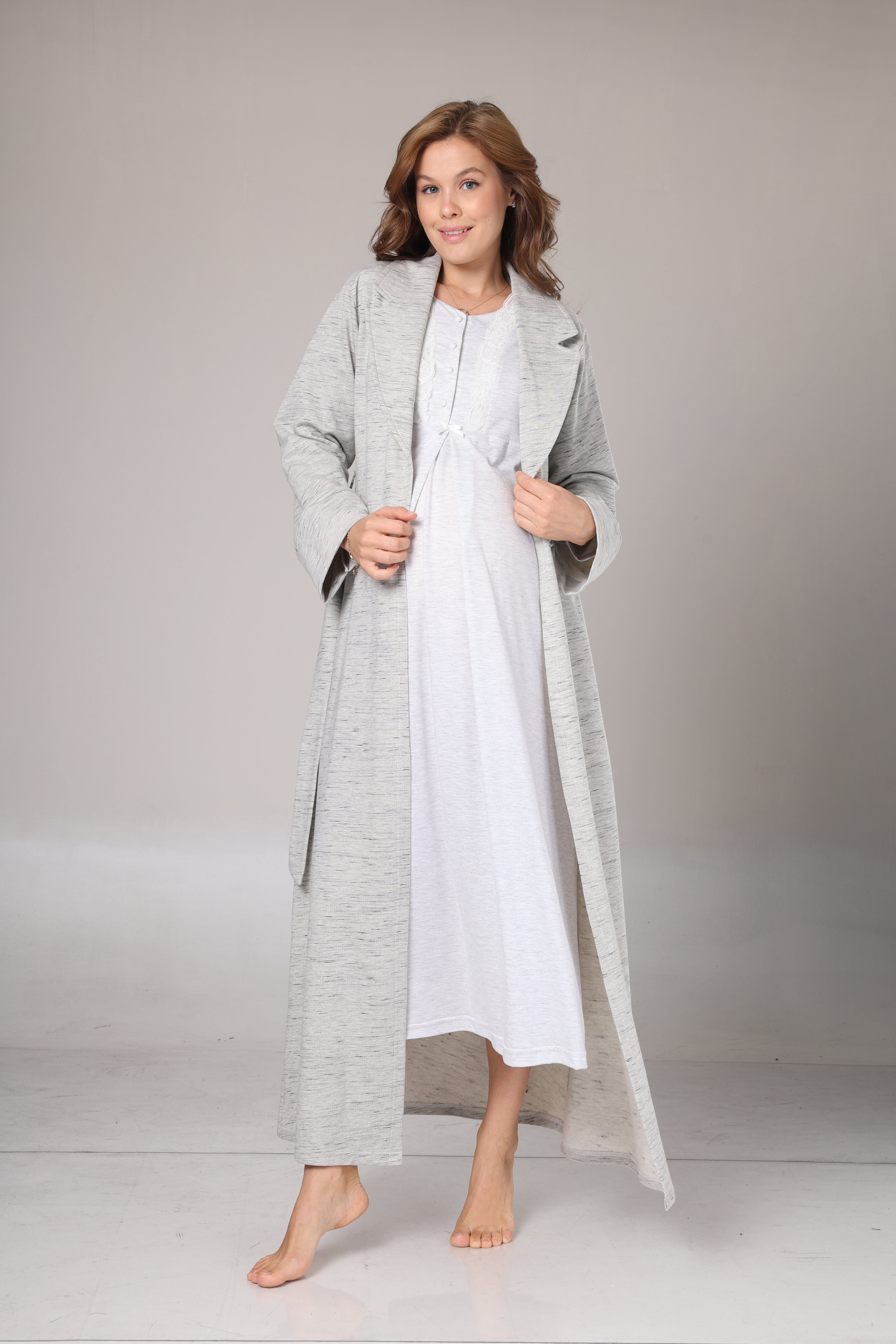 Gri Melanj Kışlık Sabahlıklı Lohusa Gecelik Takımı -1021