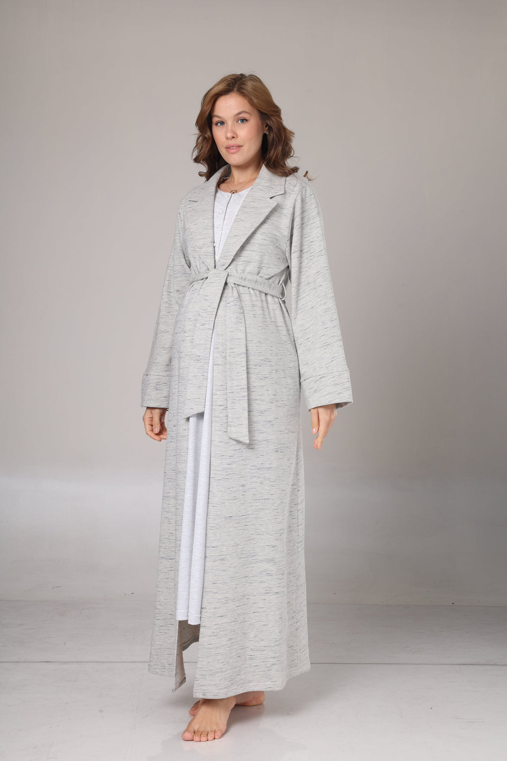 Gri Melanj Kışlık Sabahlıklı Lohusa Gecelik Takımı -1021