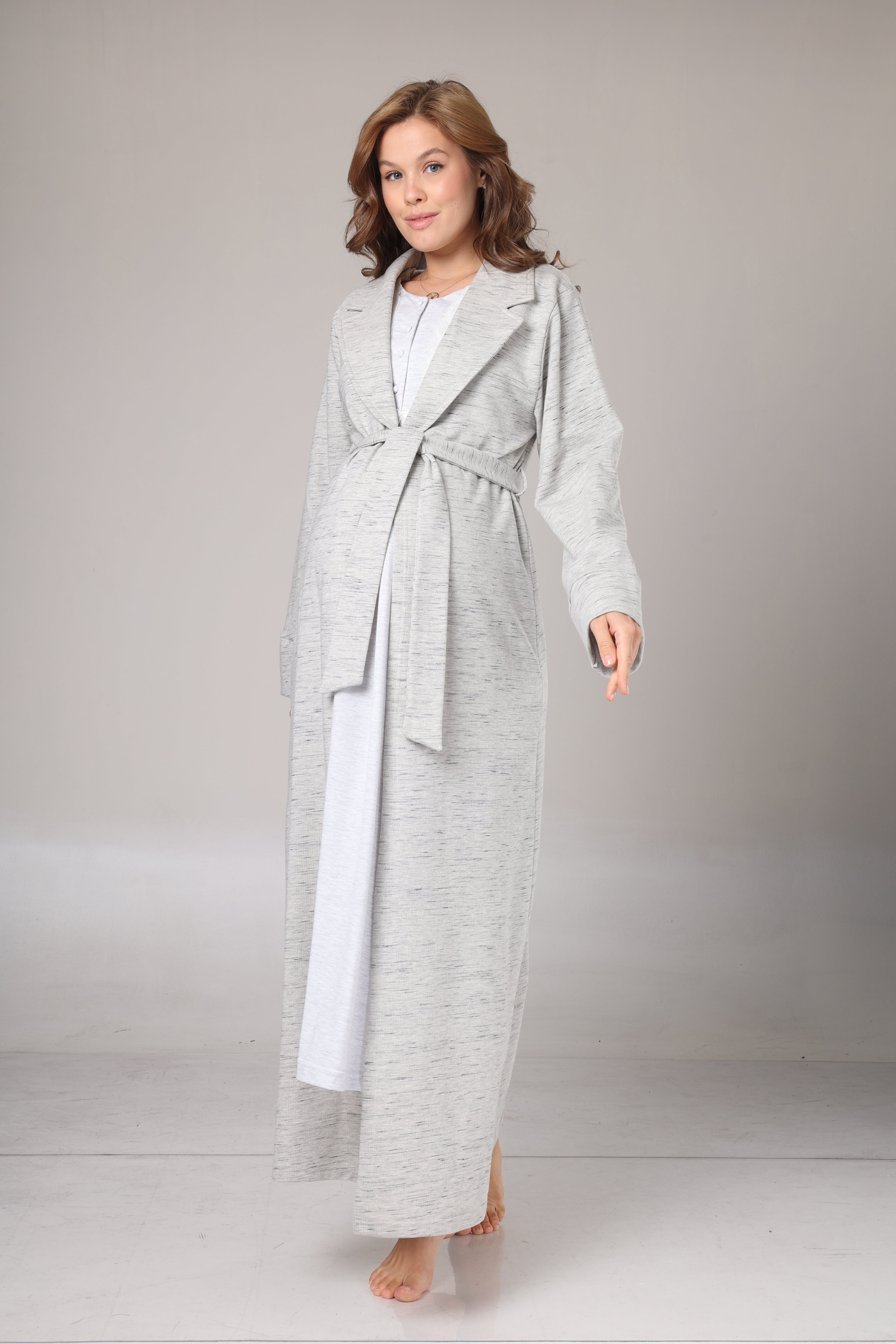 Gri Melanj Kışlık Sabahlıklı Lohusa Gecelik Takımı -1021