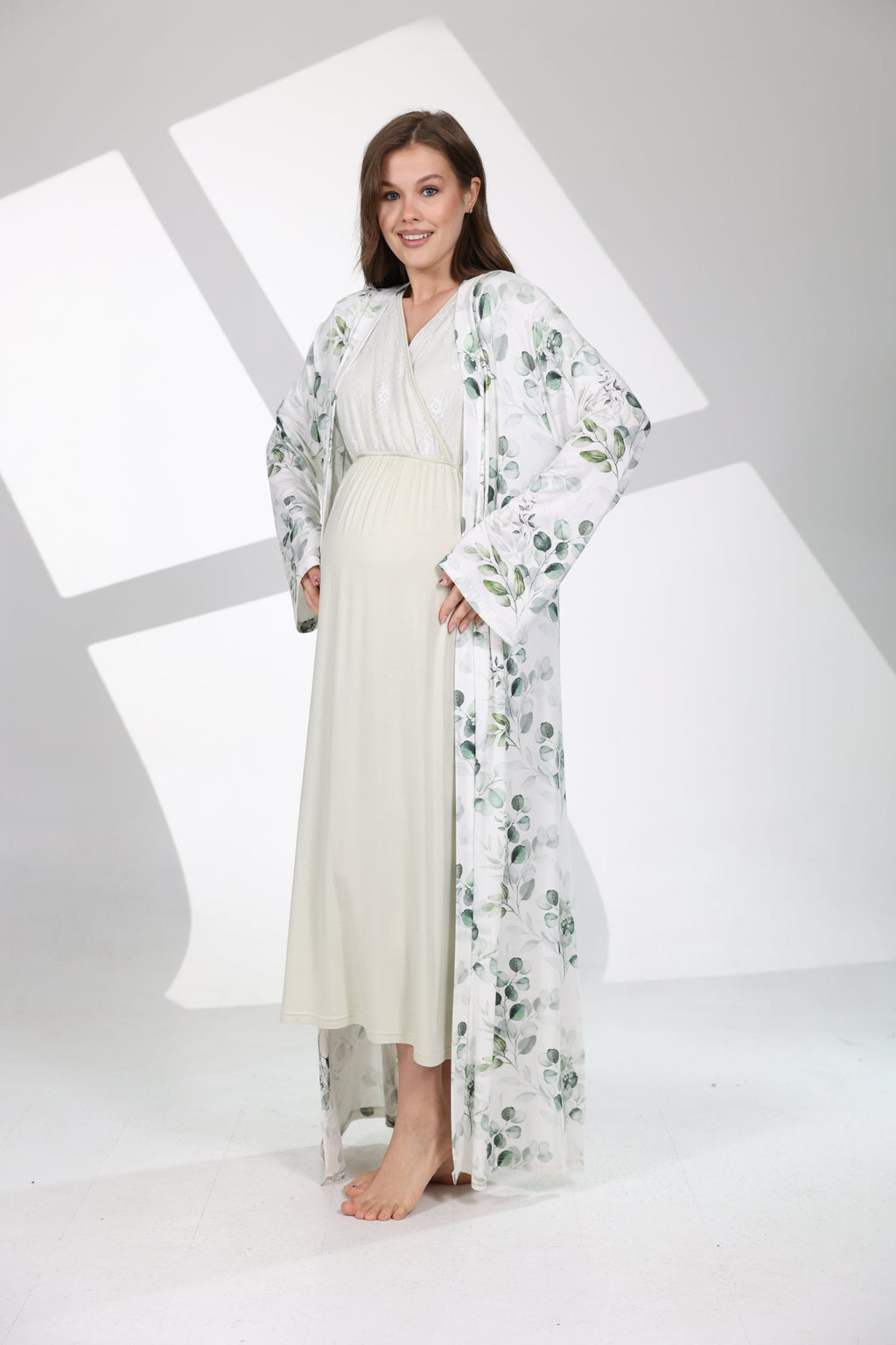 Mevsimlik Yumuşak Dokulu Mint Yeşili Sabahlıklı Lohusa Gecelik Takımı 702