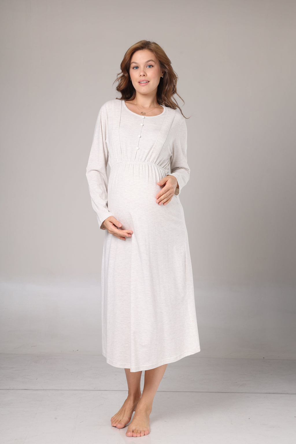 Bej Triko Sabahlıklı Yumuşak Dokulu Lohusa Gecelik Takımı -1020