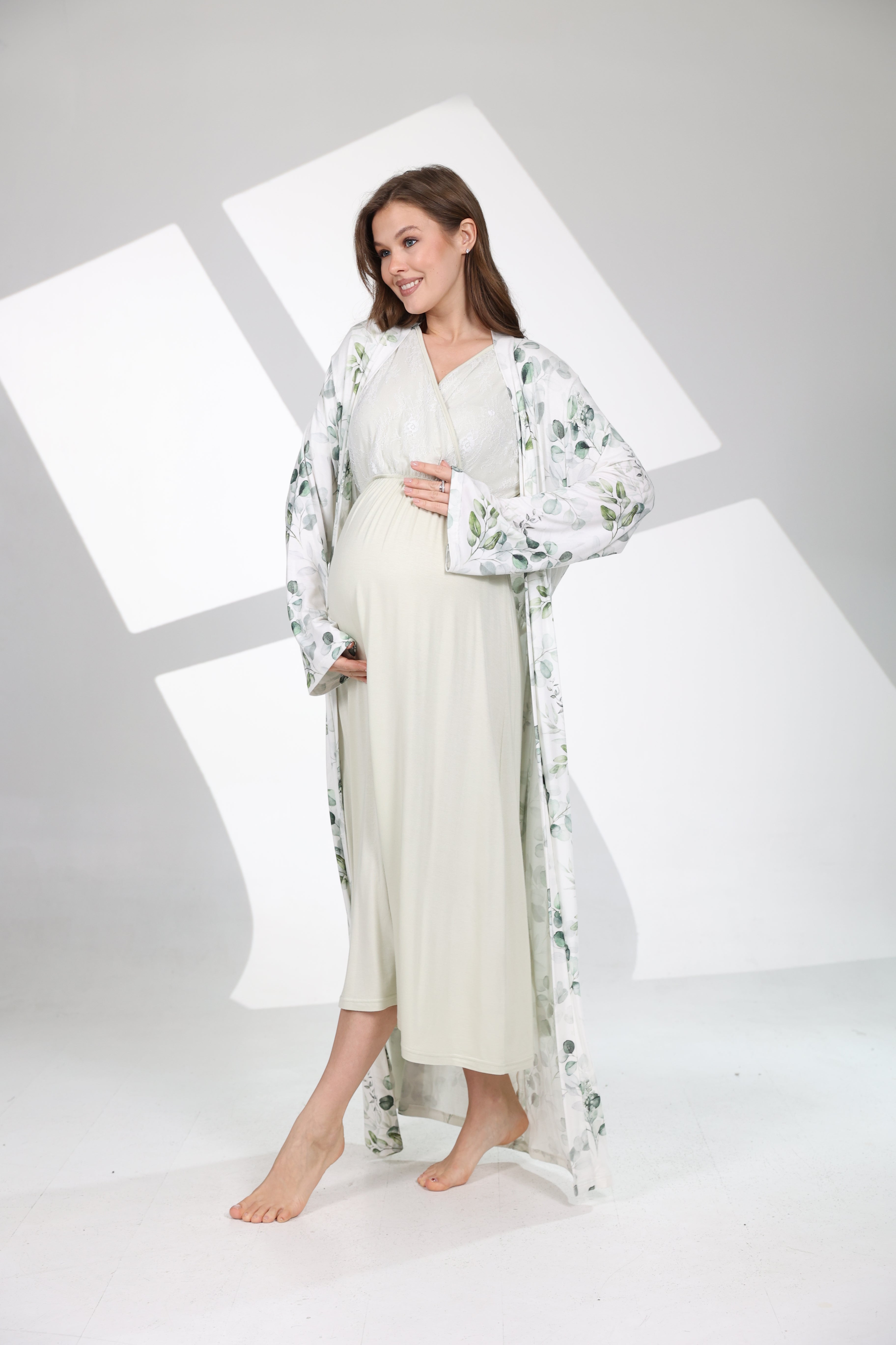 Mevsimlik Yumuşak Dokulu Mint Yeşili Sabahlıklı Lohusa Gecelik Takımı 702