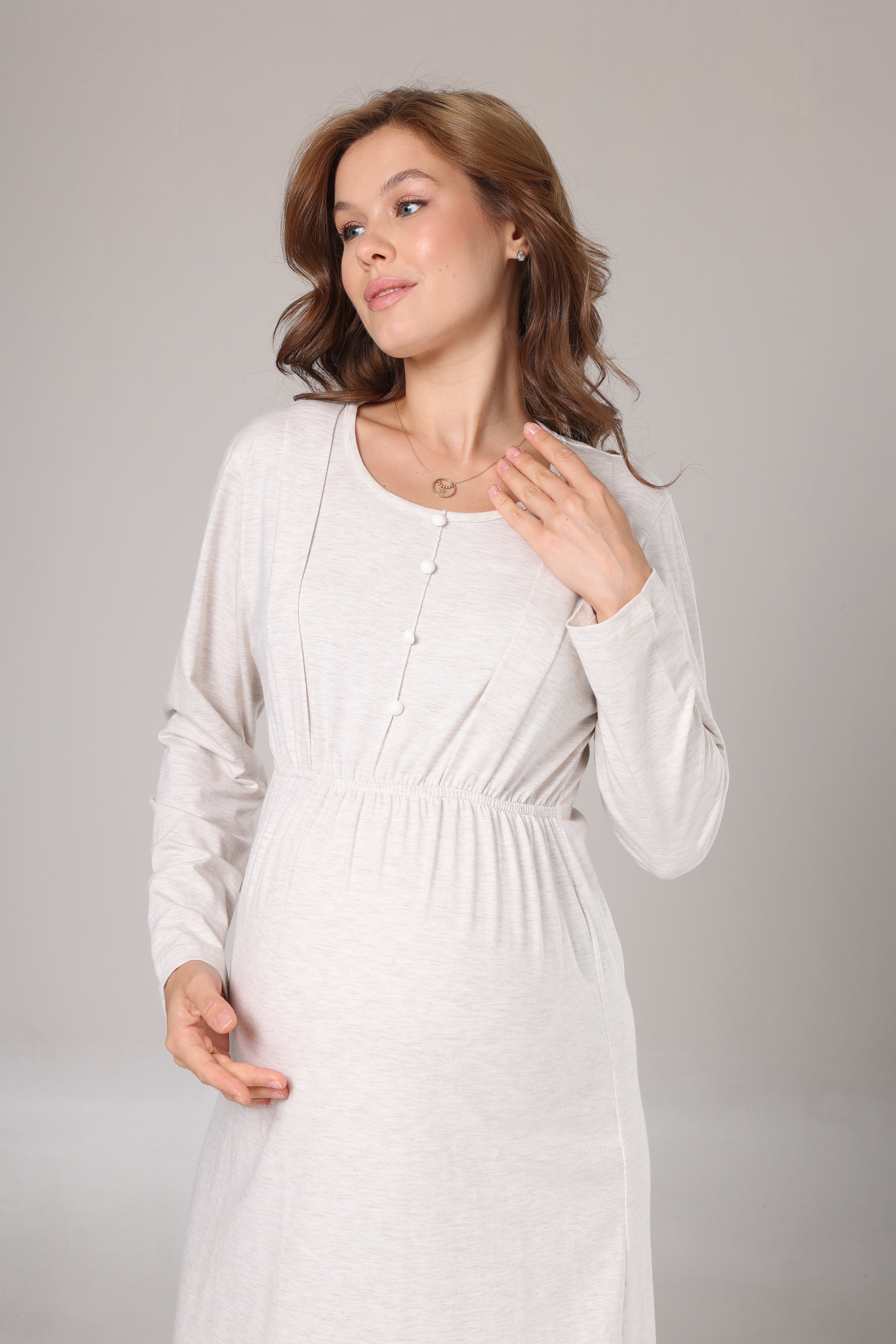 Bej Triko Sabahlıklı Yumuşak Dokulu Lohusa Gecelik Takımı -1020