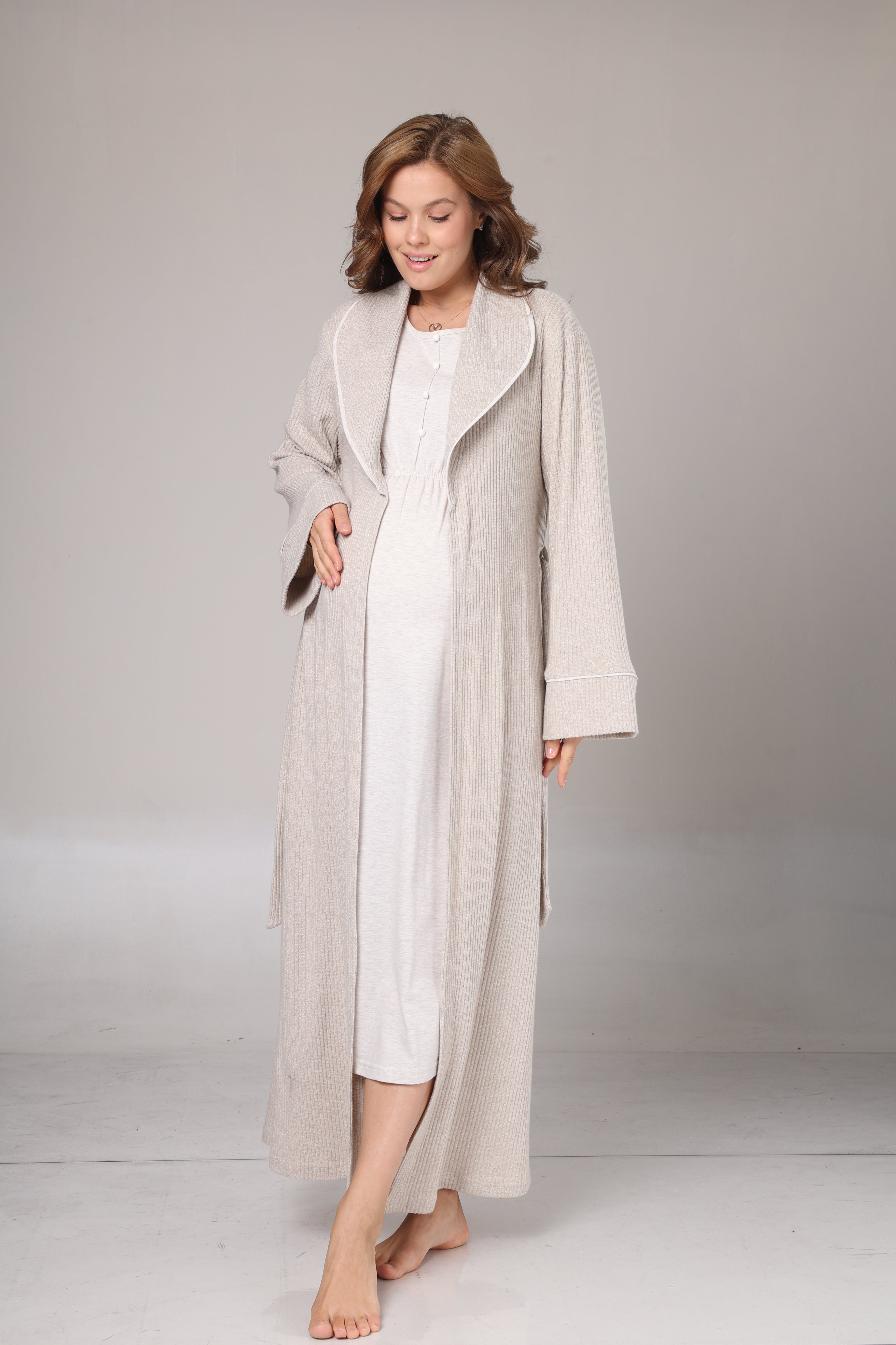 Bej Triko Sabahlıklı Yumuşak Dokulu Lohusa Gecelik Takımı -1020