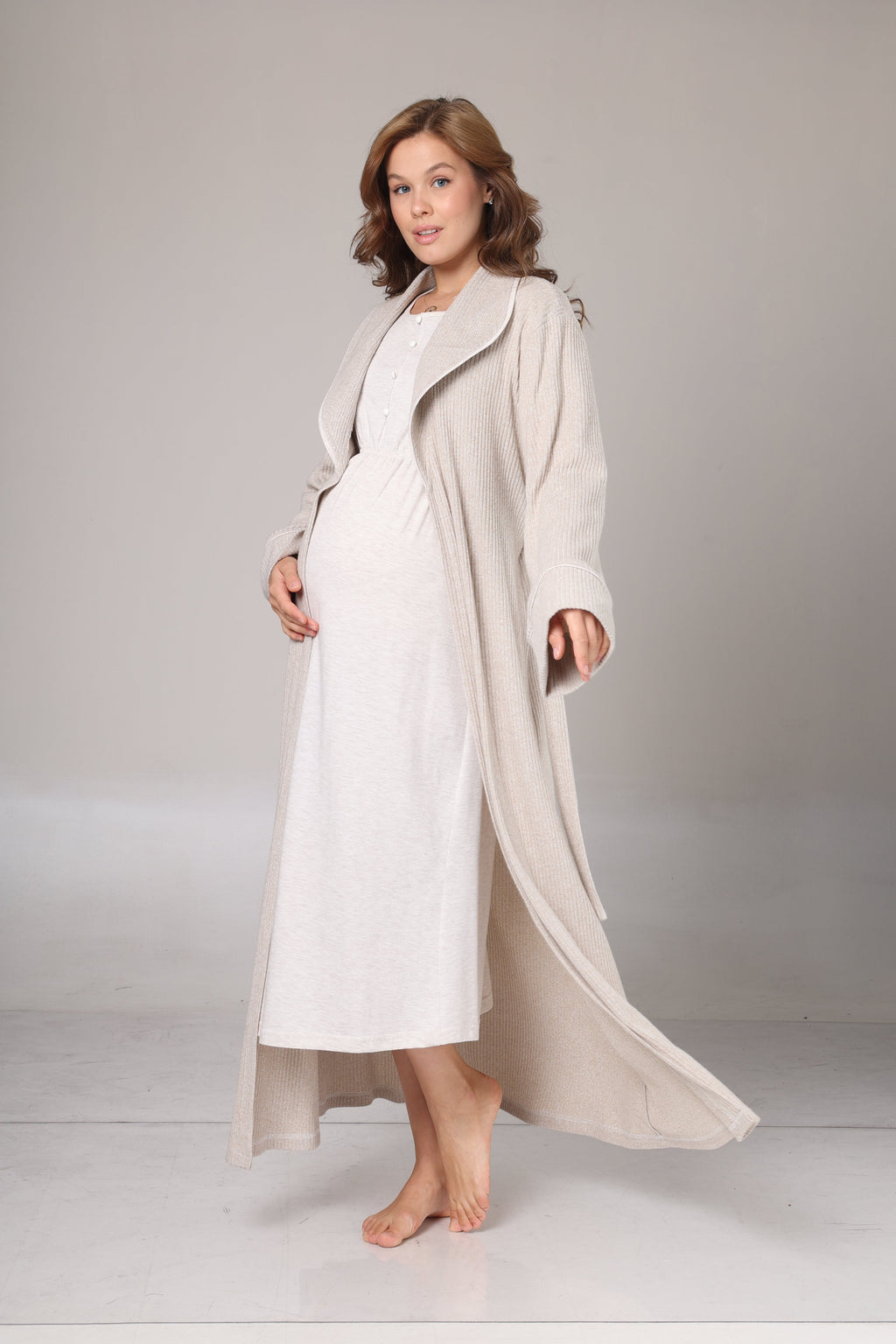 Bej Triko Sabahlıklı Yumuşak Dokulu Lohusa Gecelik Takımı -1020