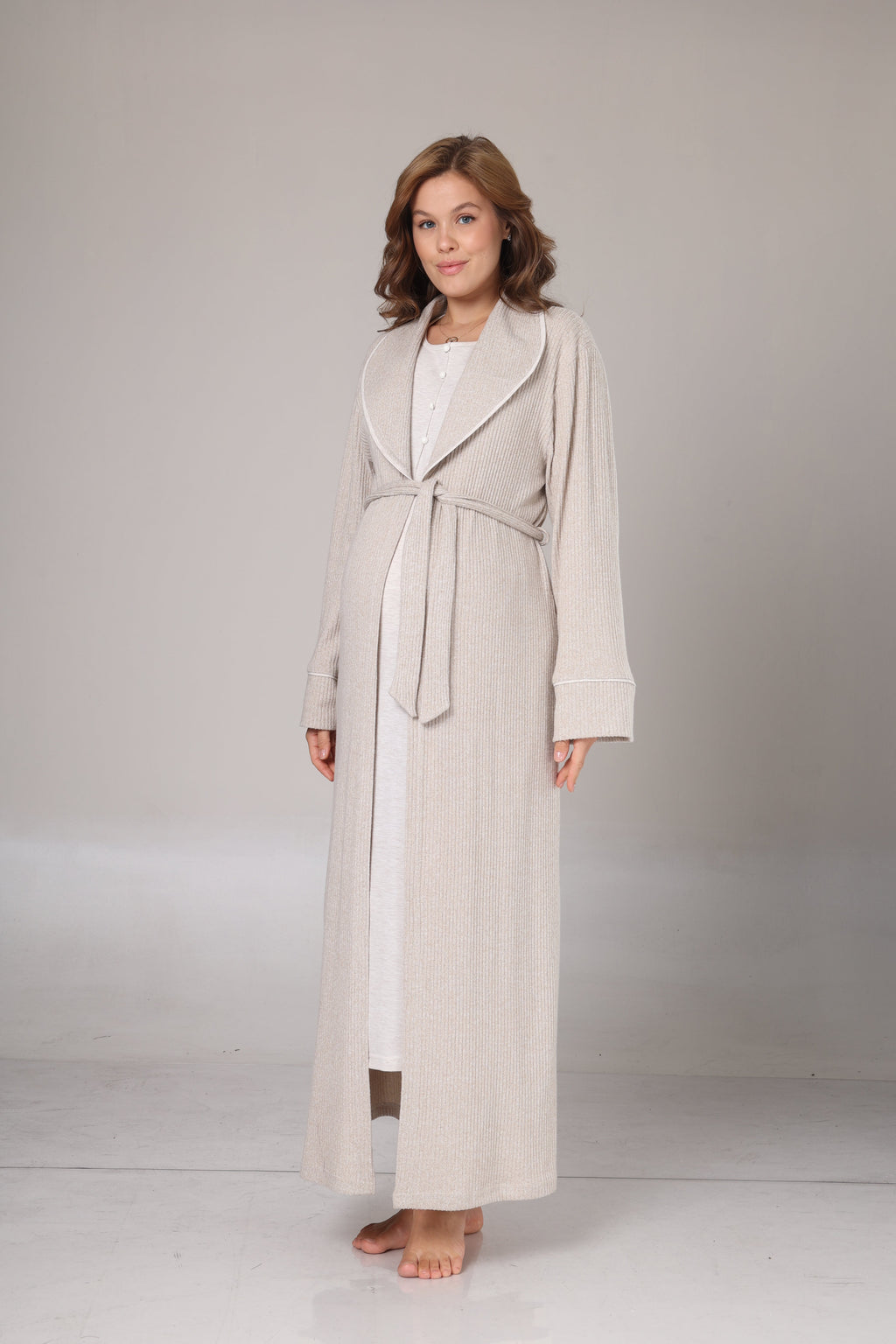 Bej Triko Sabahlıklı Yumuşak Dokulu Lohusa Gecelik Takımı -1020