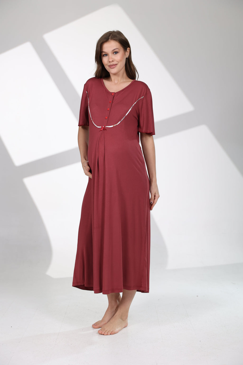 Bordo Şal Desenli Sabahlıklı Lohusa Gecelik Takımı 703