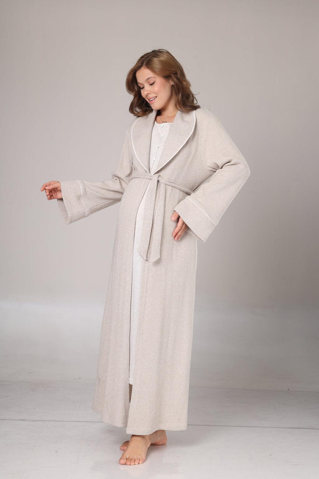 Bej Triko Sabahlıklı Yumuşak Dokulu Lohusa Gecelik Takımı -1020