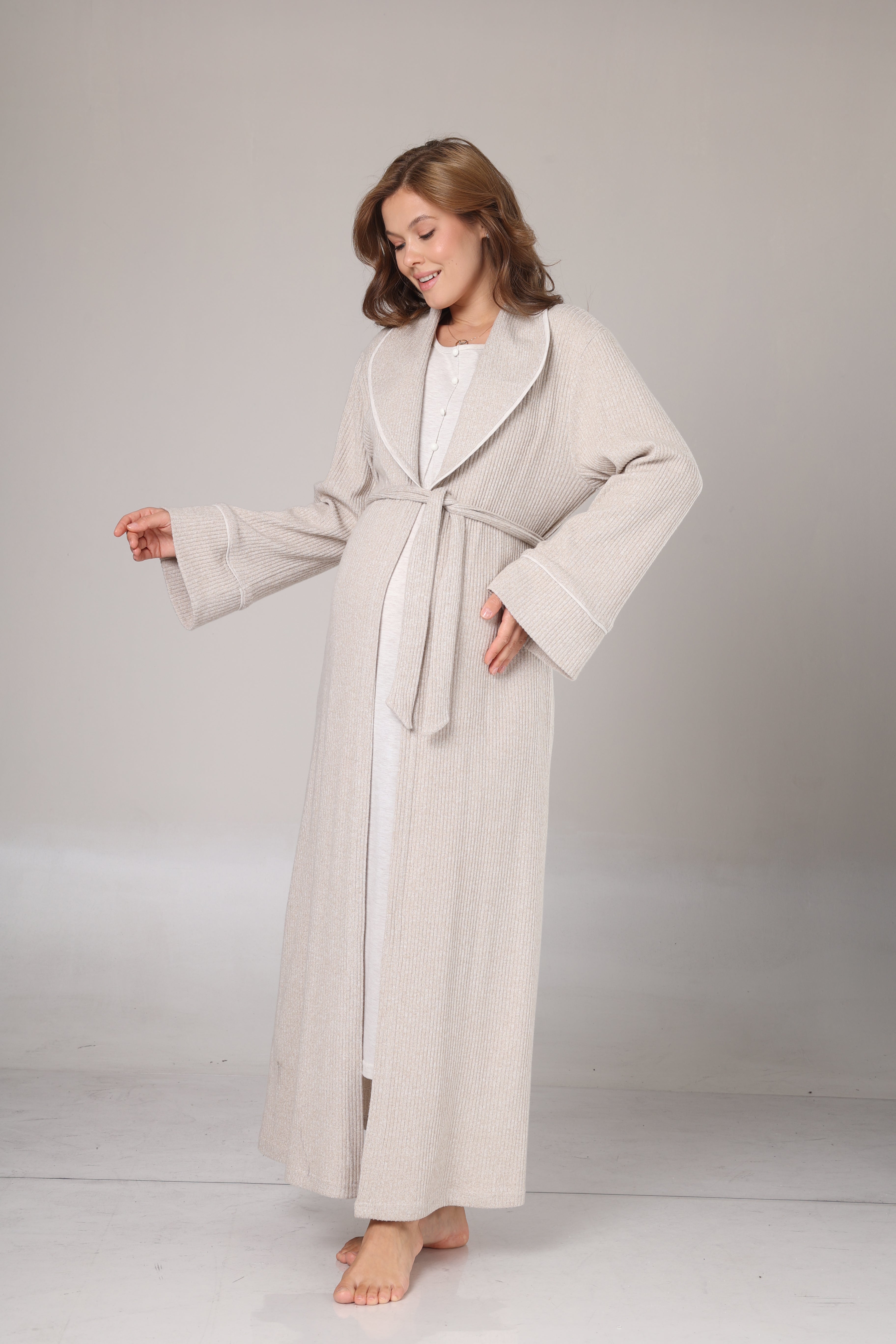 Bej Triko Sabahlıklı Yumuşak Dokulu Lohusa Gecelik Takımı -1020