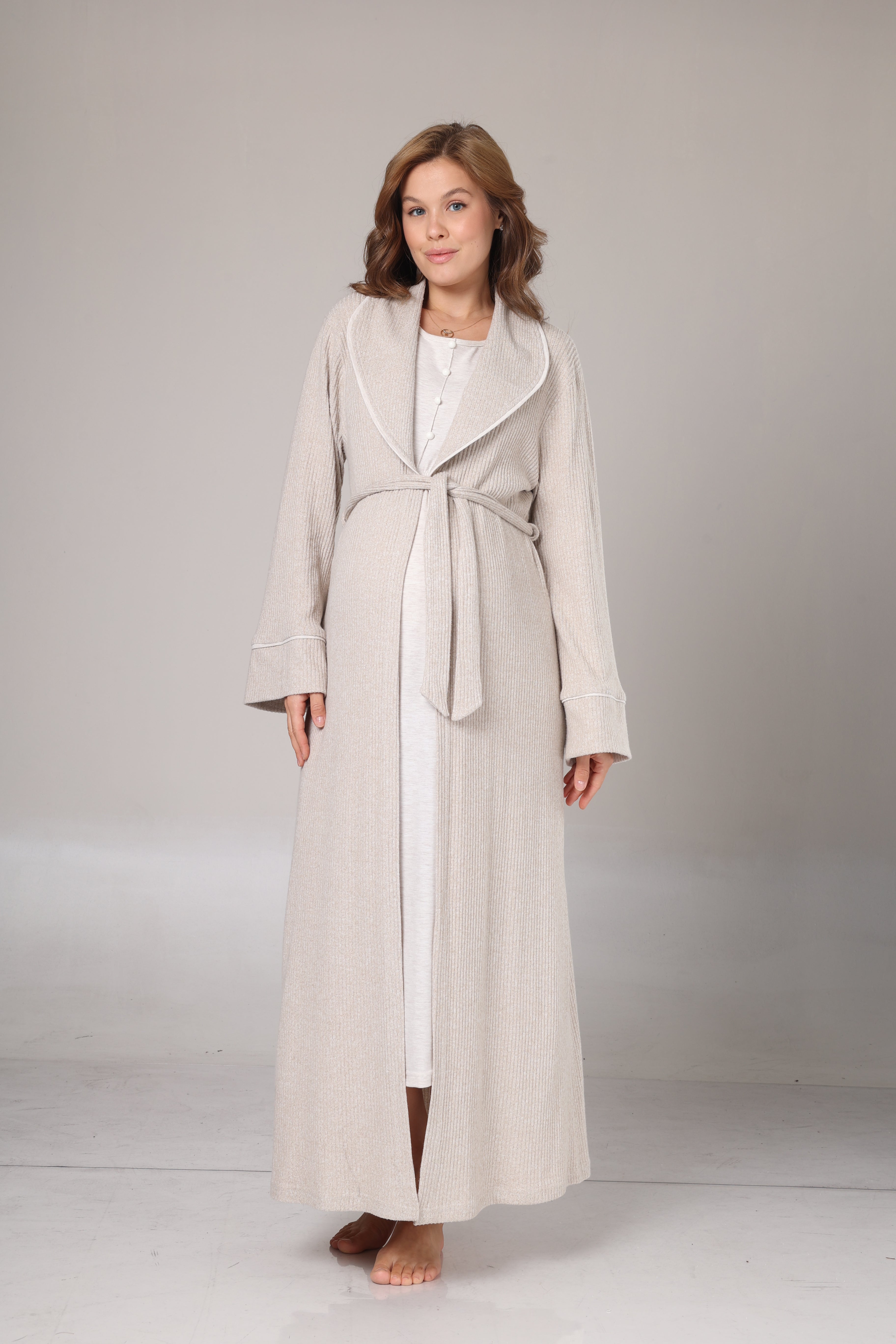 Bej Triko Sabahlıklı Yumuşak Dokulu Lohusa Gecelik Takımı -1020