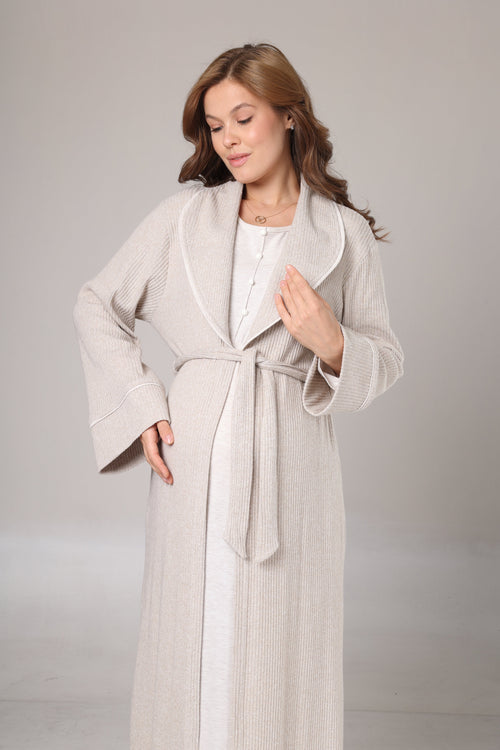 Bej Triko Sabahlıklı Yumuşak Dokulu Lohusa Gecelik Takımı -1020