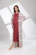 Bordo Şal Desenli Sabahlıklı Lohusa Gecelik Takımı 703