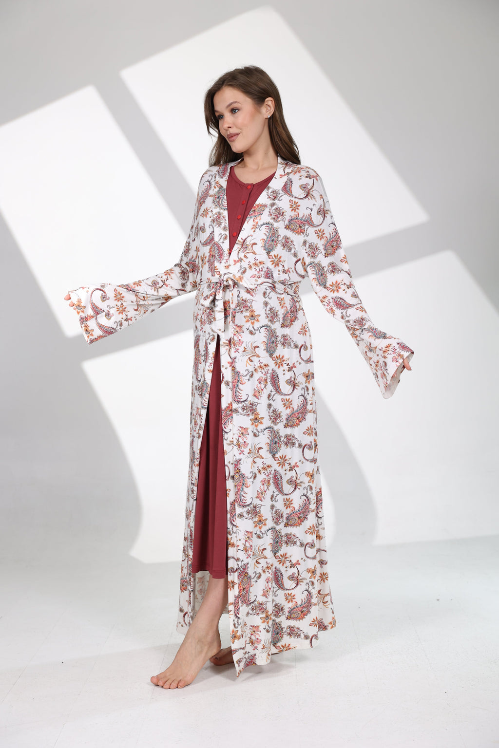 Bordo Şal Desenli Sabahlıklı Lohusa Gecelik Takımı 703