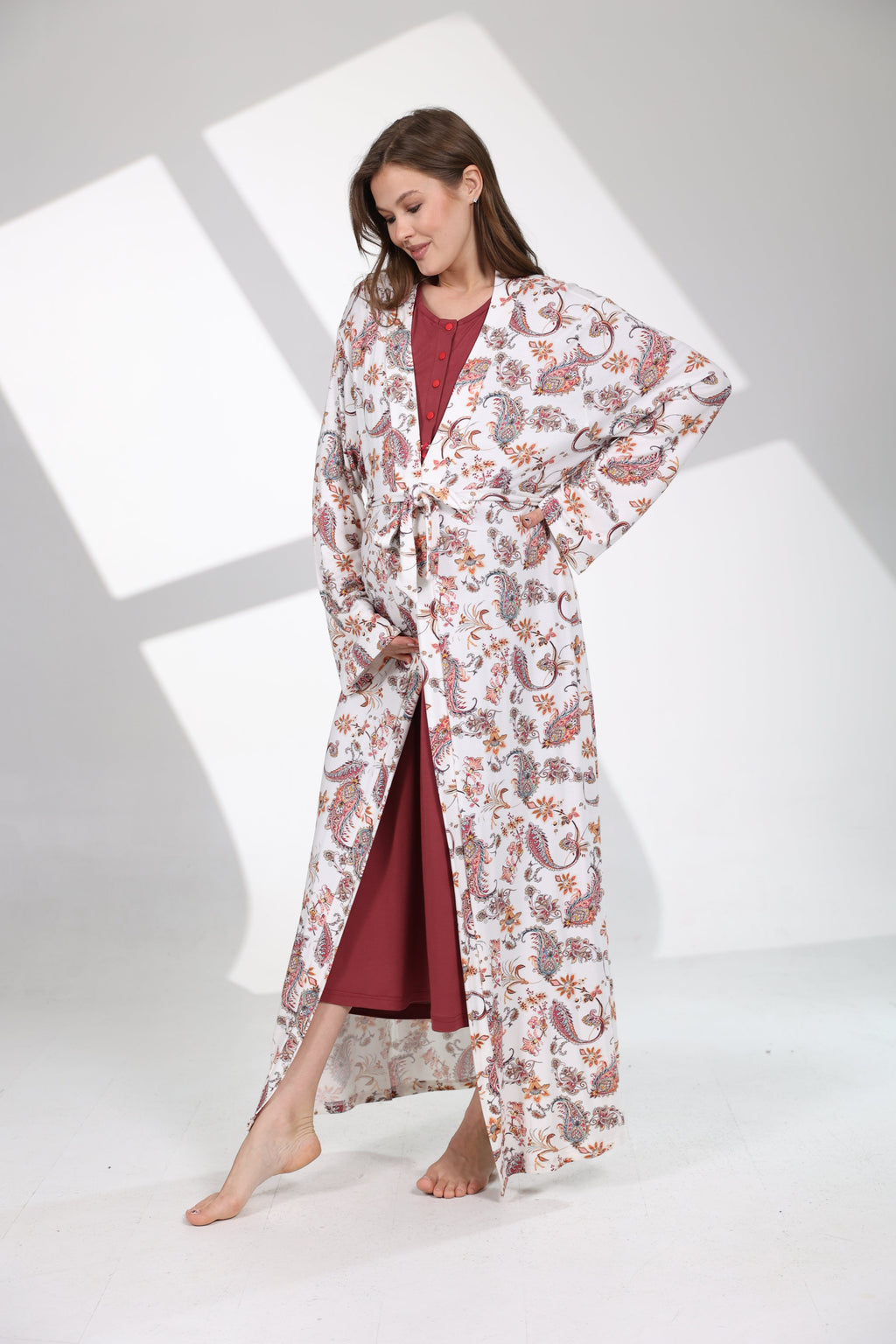 Bordo Şal Desenli Sabahlıklı Lohusa Gecelik Takımı 703