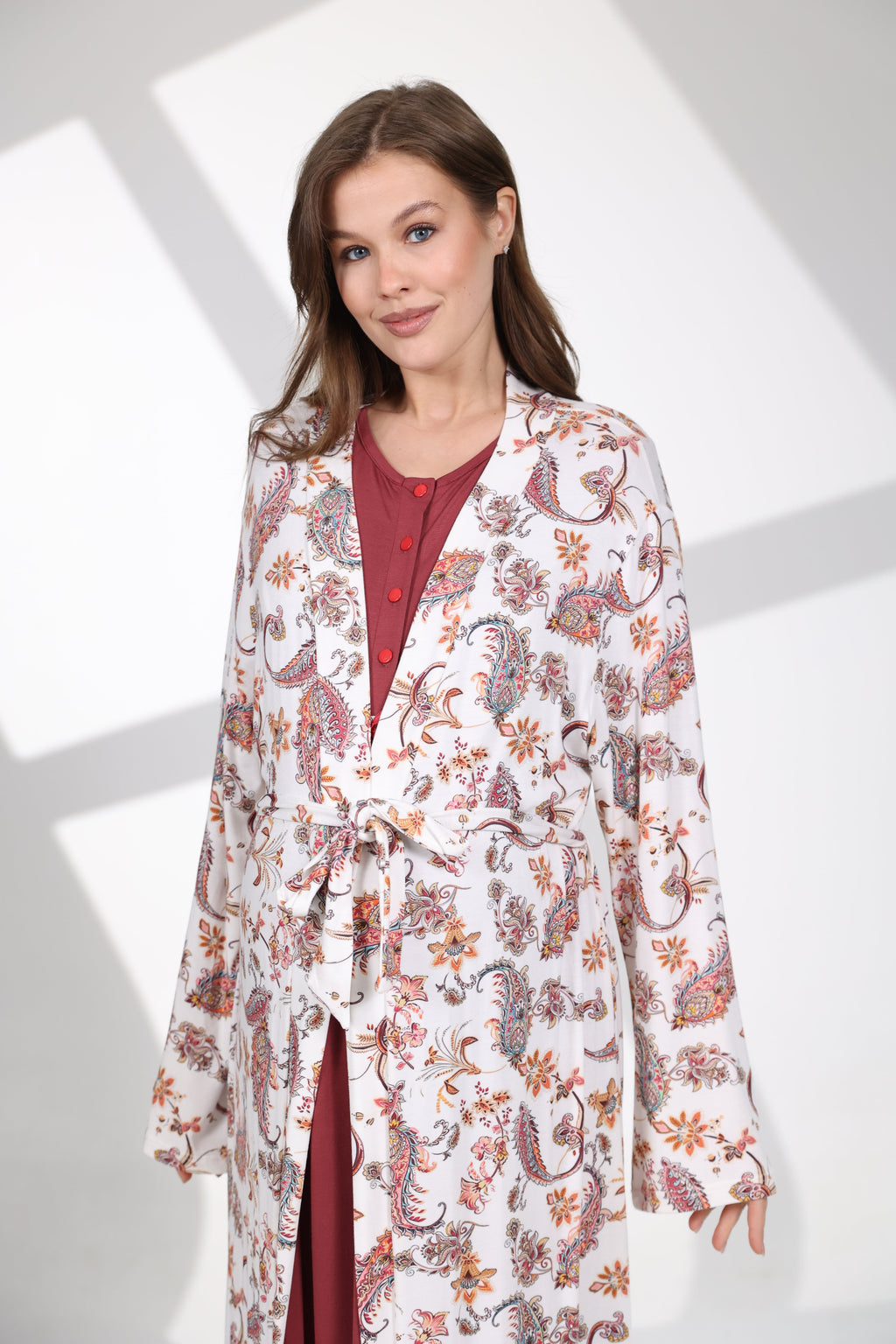 Bordo Şal Desenli Sabahlıklı Lohusa Gecelik Takımı 703