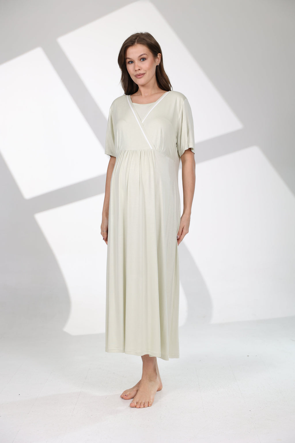 Mint Yeşili Yaz Esintisi Desenli Sabahlıklı Lohusa Gecelik Takımı 704