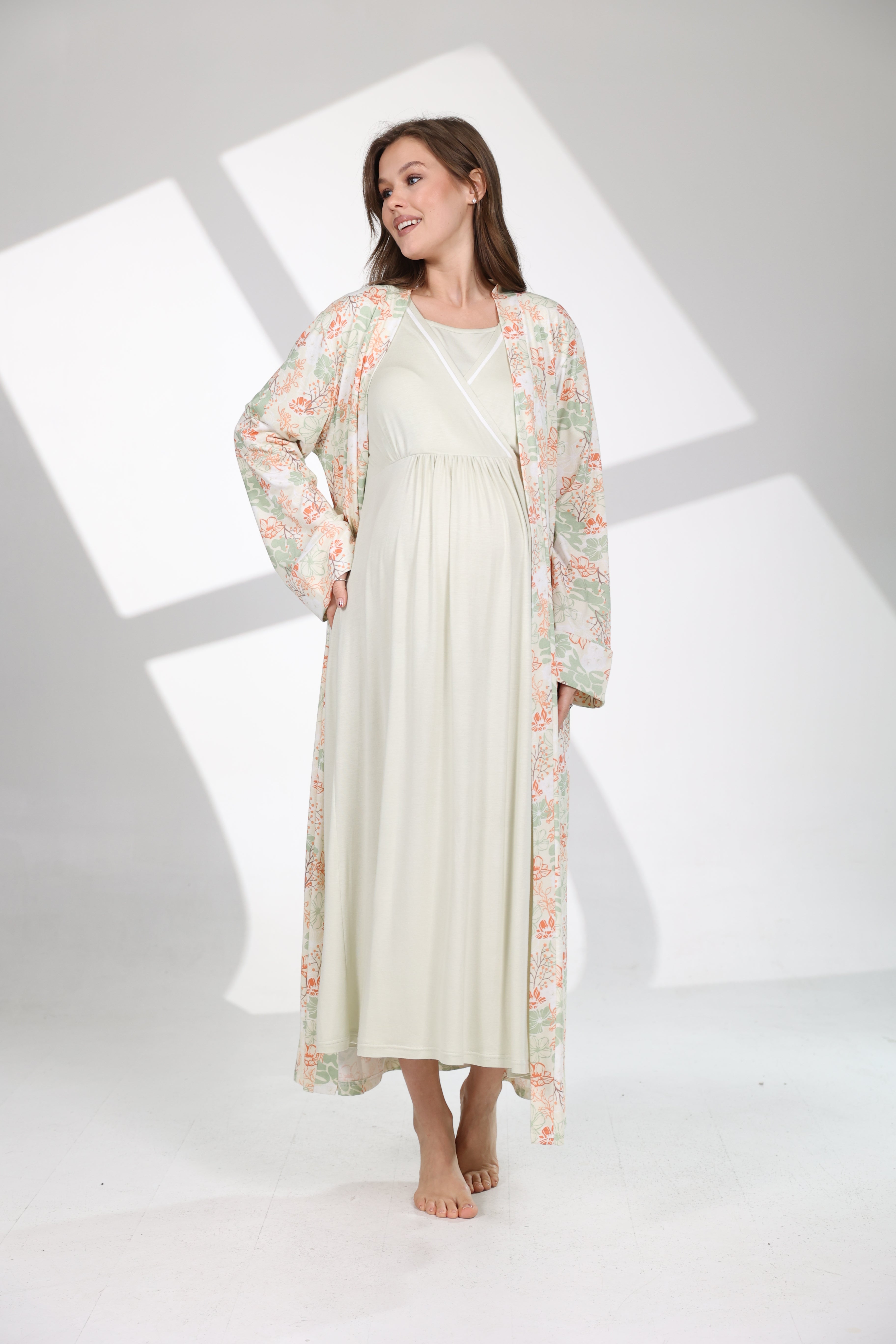 Mint Yeşili Yaz Esintisi Desenli Sabahlıklı Lohusa Gecelik Takımı 704