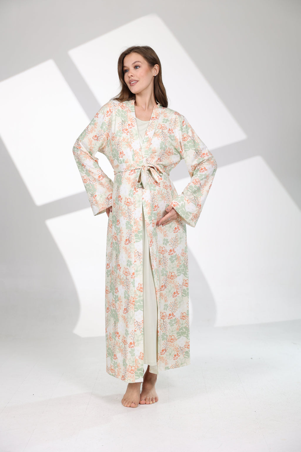 Mint Yeşili Yaz Esintisi Desenli Sabahlıklı Lohusa Gecelik Takımı 704