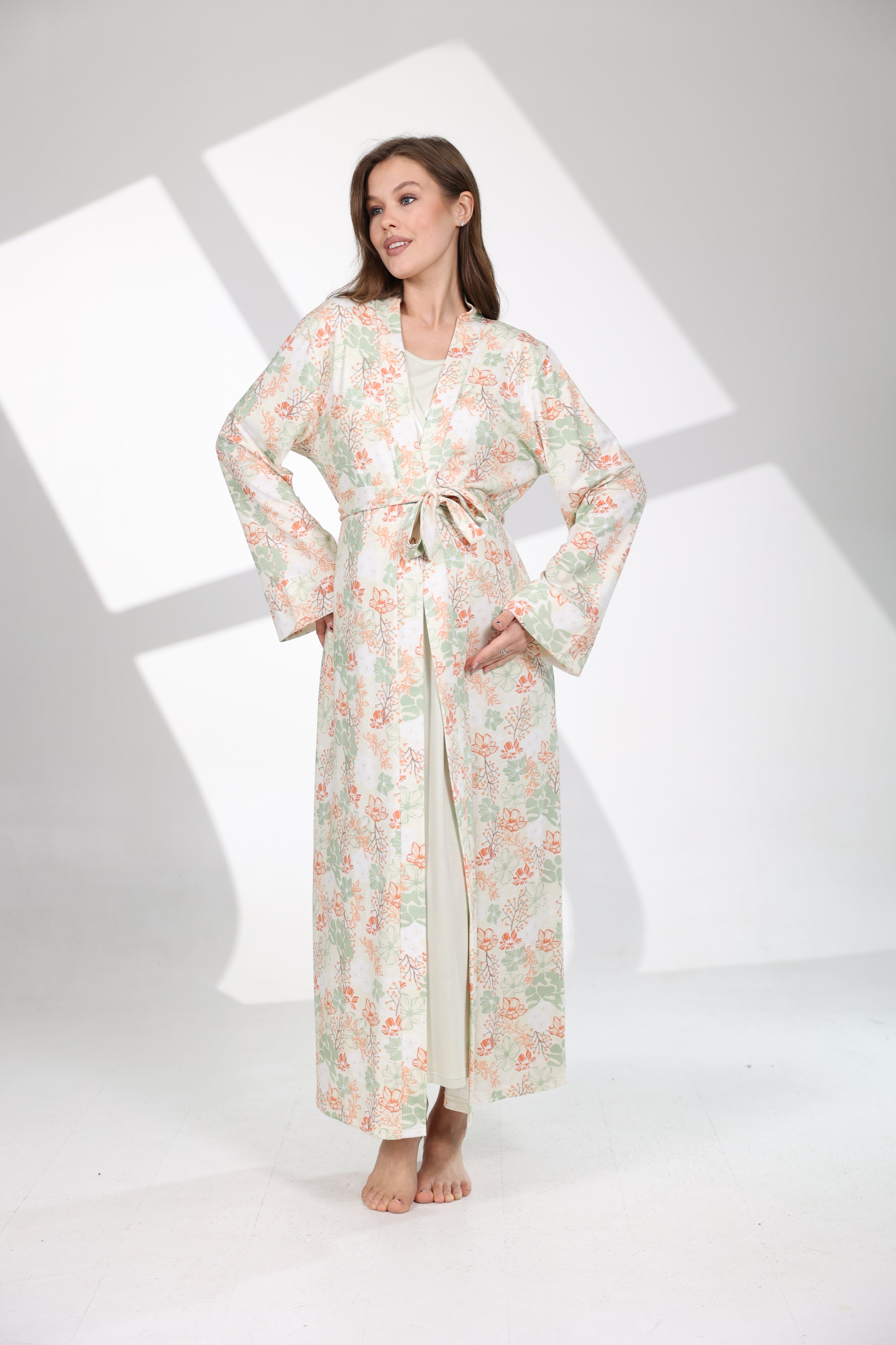 Mint Yeşili Yaz Esintisi Desenli Sabahlıklı Lohusa Gecelik Takımı 704