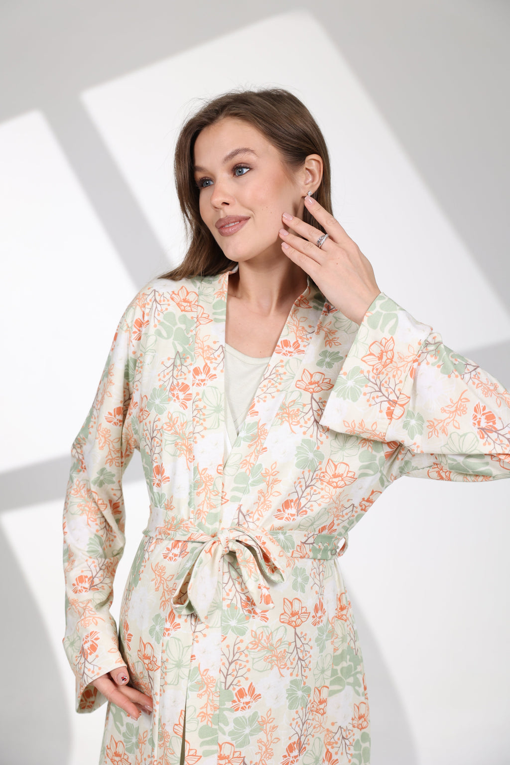 Mint Yeşili Yaz Esintisi Desenli Sabahlıklı Lohusa Gecelik Takımı 704