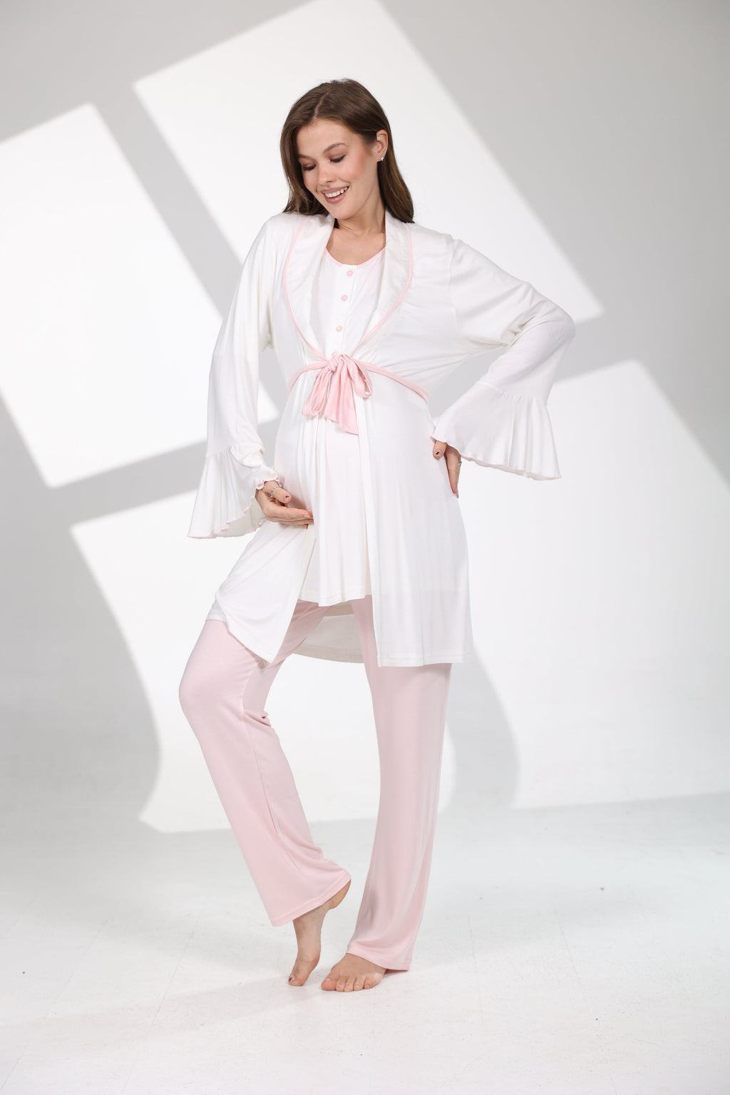 Pembe Kemerli Volan Kollu Sabahlıklı Lohusa Pijama Takımı 709