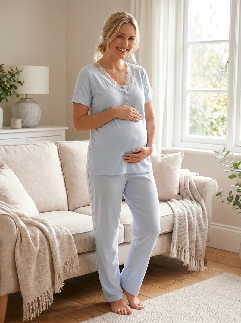 Mavi Kalp Desen Sabahlıklı Lohusa Pijama Takımı 2060
