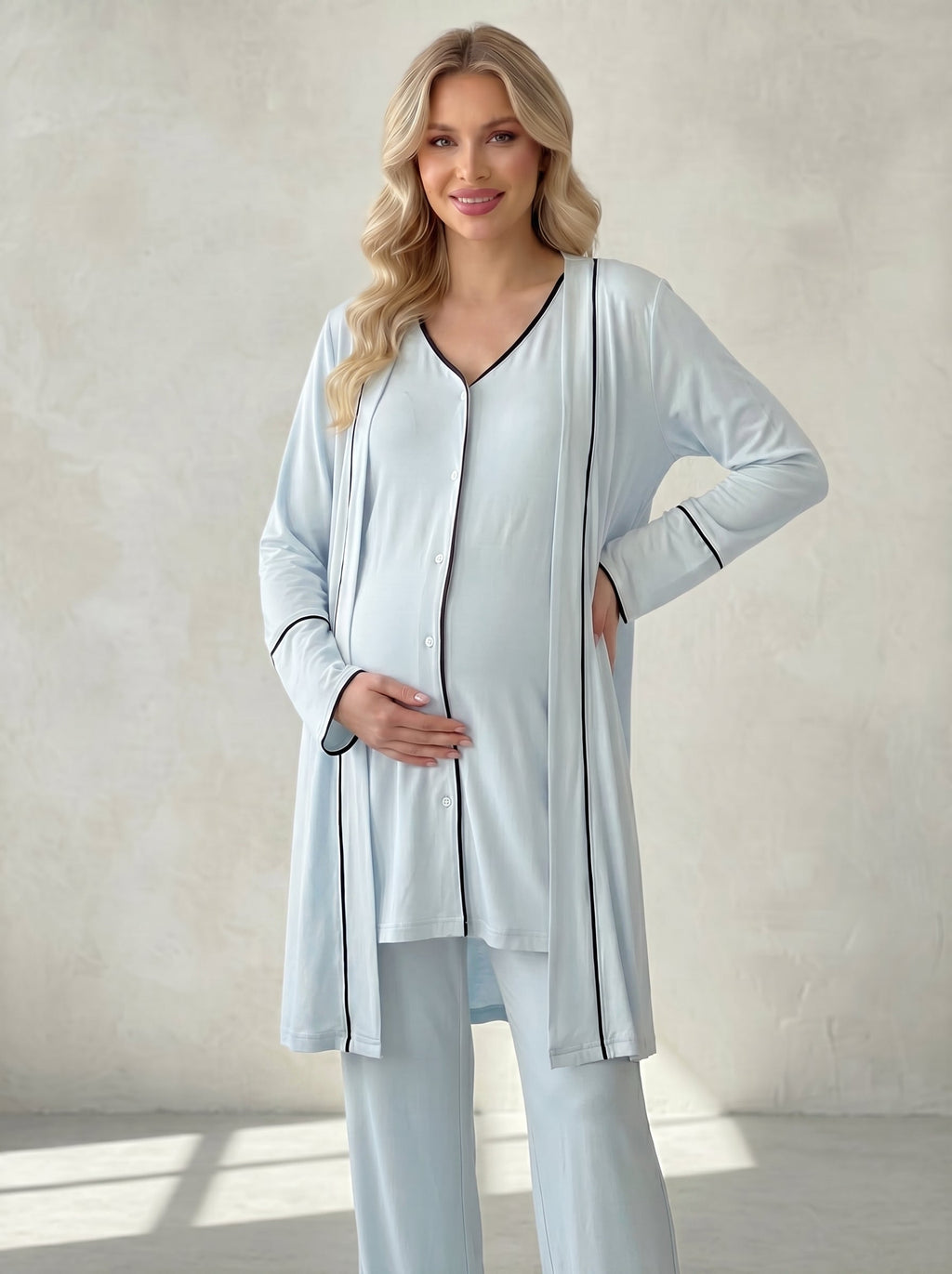 Mavi Önden Düğmeli Sabahlıklı  Lohusa Pijama Takımı-2036