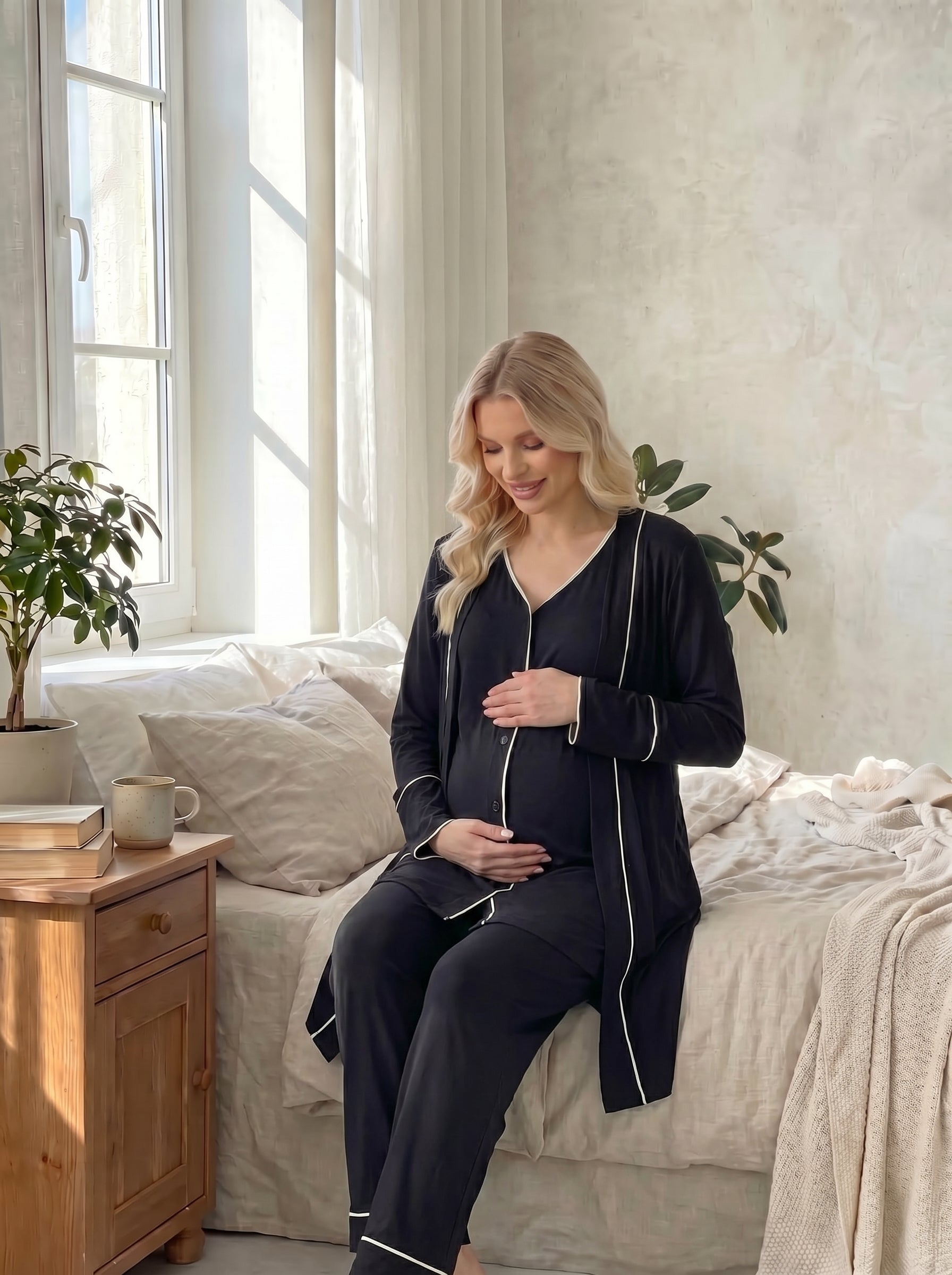 Siyah Önden Düğmeli Sabahlıklı  Lohusa Pijama Takımı-2037