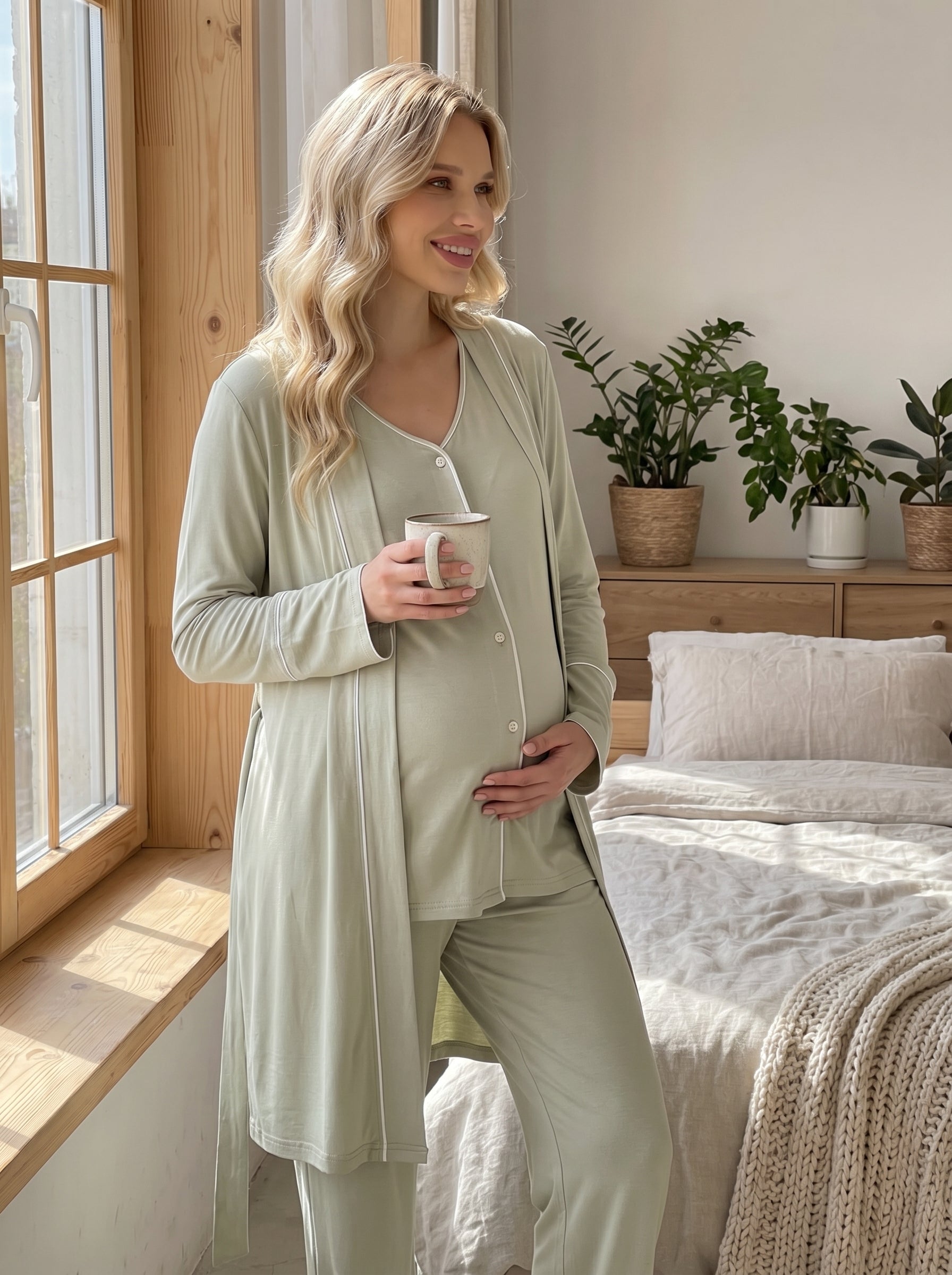 Yeşil Önden Düğmeli Sabahlıklı  Lohusa Pijama Takımı-2039