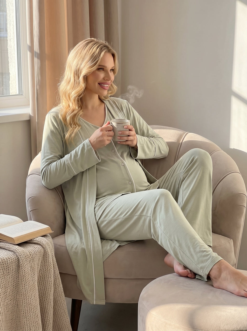 Yeşil Önden Düğmeli Sabahlıklı  Lohusa Pijama Takımı-2039